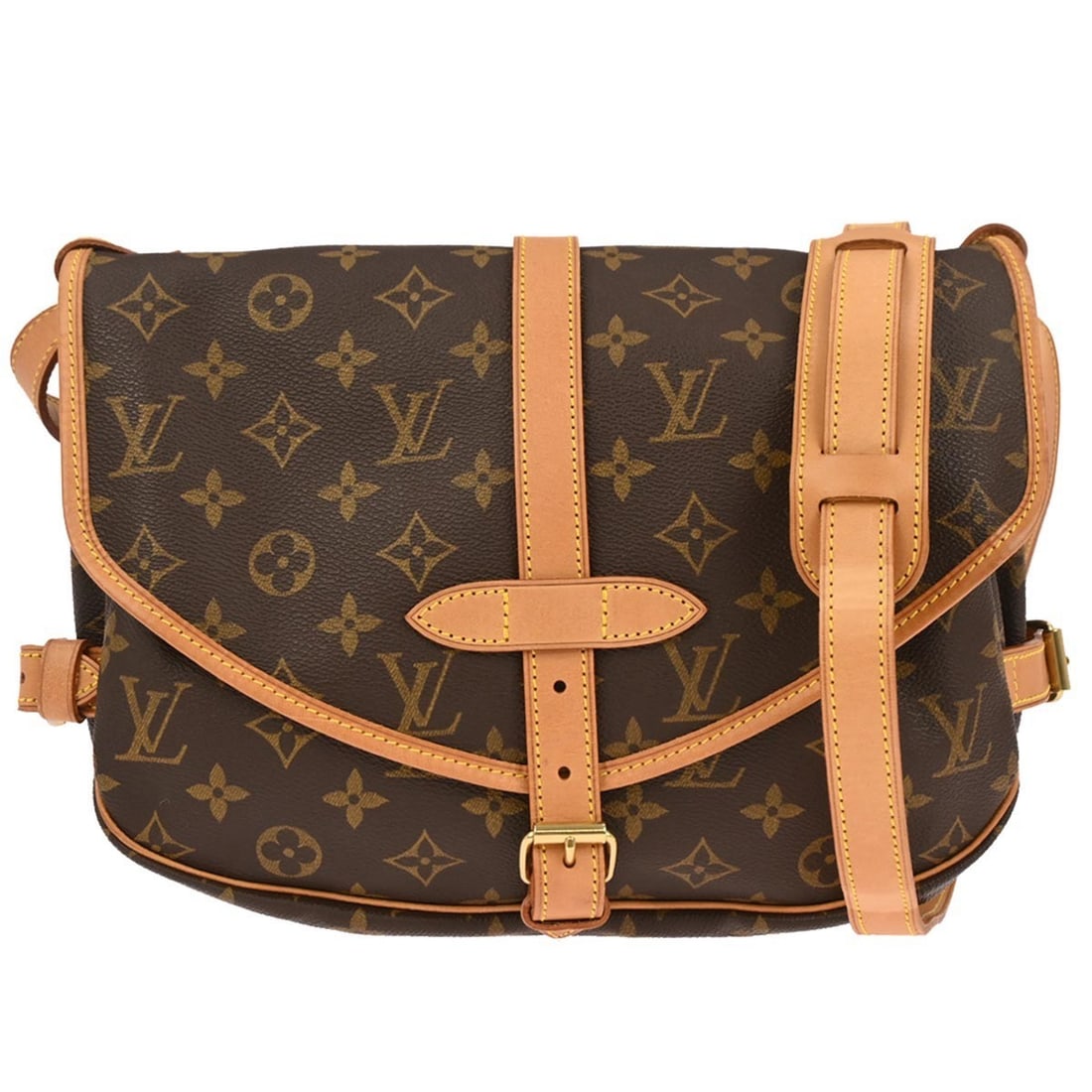 Louis Vuitton Saumur 30 Monogram Canvas Shoulder Bag M42256: Louis Vuitton Saumur 30 Monogram Canvas Shoulder Bag M42256 Louis Vuitton Saumur 30 messenger shoulder bag in Monogram canvas and leather, featuring a buckle flap closure and a brown exterior. It is a