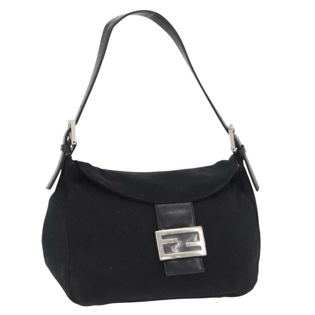 FENDI Mamma Baguette Nylon Shoulder Bag Black Silver Italy: FENDI Mamma Baguette Nylon Shoulder Bag Black Silver Italy Fendi Mamma Baguette shoulder bag in black nylon with silver-tone exterior details. Made in Italy, this women's shoulder bag measures approxi