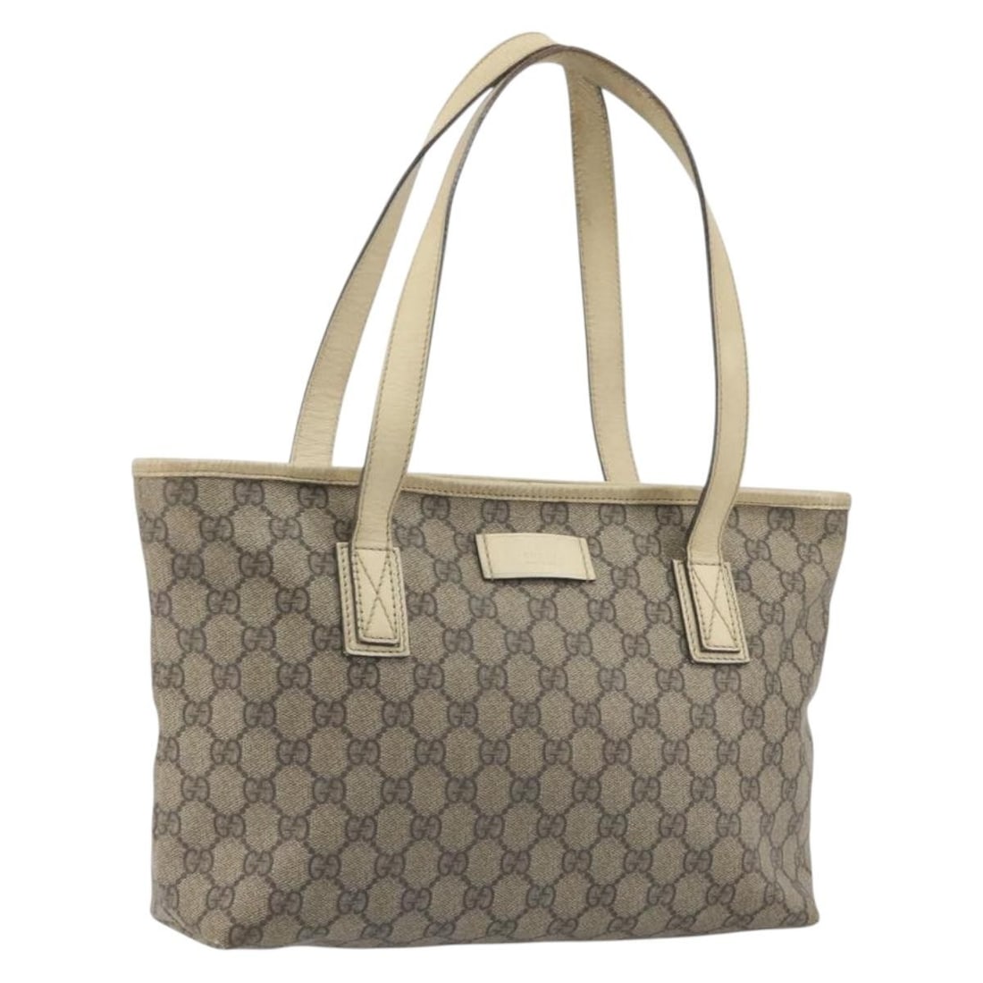Gucci 211138 GG Supreme PVC Leather Tote in Beige Silver: Gucci 211138 GG Supreme PVC Leather Tote in Beige Silver Authentic Gucci GG Supreme tote bag in beige and silver with PVC leather and GG canvas construction. This women's tote is made in Italy and fea