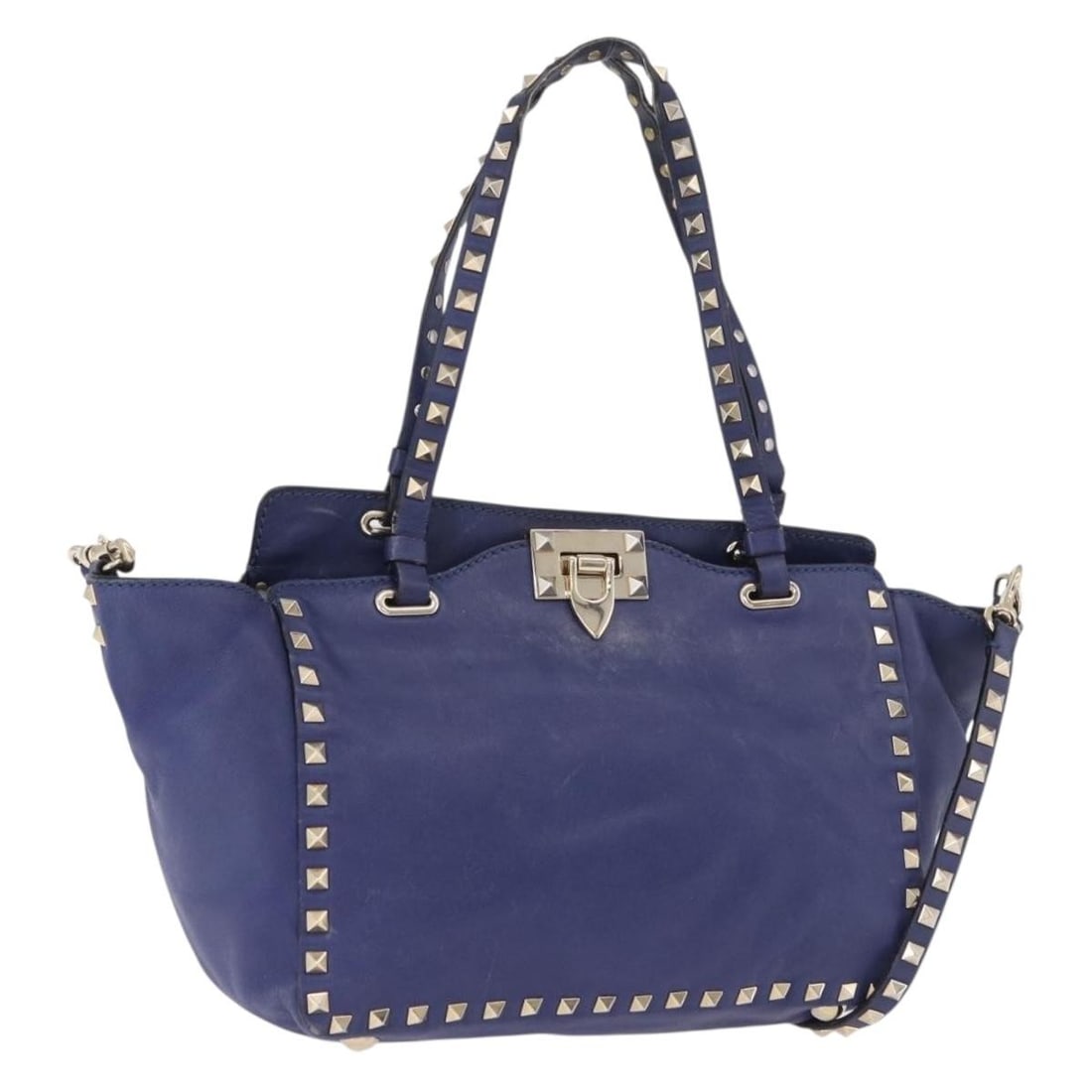 VALENTINO Blue Leather 2way Tote Bag with Shoulder Strap: VALENTINO Blue Leather 2way Tote Bag with Shoulder Strap Valentino 2-way tote bag in blue leather with gold-tone stud detailing. Made in Italy, this women's bag includes a shoulder strap for hand or s