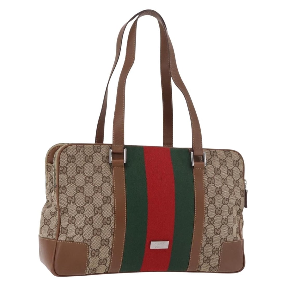Gucci Sherry Line GG Canvas Tote Beige Red Silver 186307: Gucci Sherry Line GG Canvas Tote Beige Red Silver 186307 Authentic Gucci GG Canvas Web Sherry Line tote bag in beige, silver, and red. This women's tote is made in Italy and features the classic GG ca