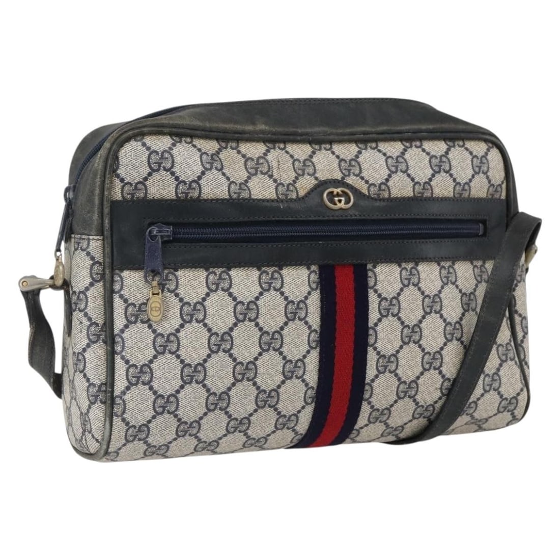Gucci Sherry Line GG Supreme Navy Shoulder Bag PVC Leather Italy: Gucci Sherry Line GG Supreme Navy Shoulder Bag PVC Leather Italy This is a pre-owned GUCCI GG Supreme Sherry Line shoulder bag designed for women. Crafted in navy blue GG canvas with PVC leather trim 