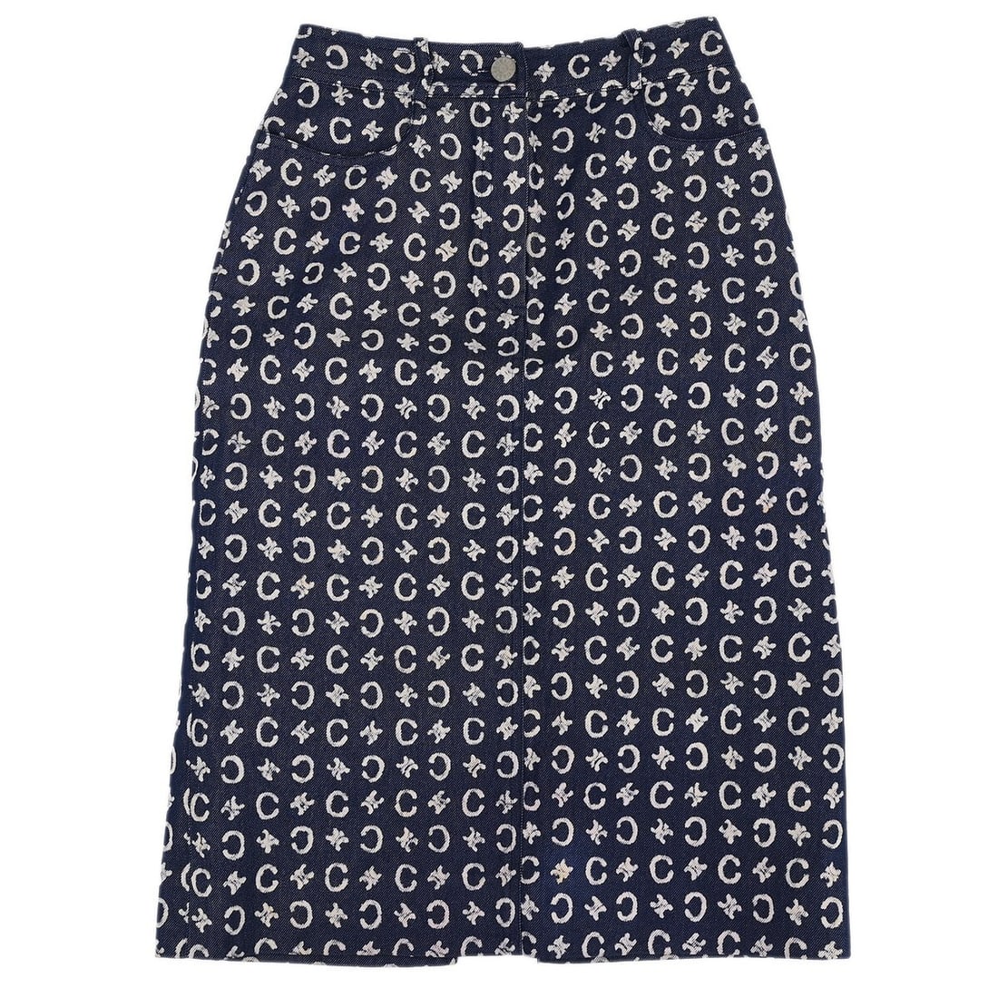 CELINE Vintage Blue Knee Length Skirt Size 34 Cotton Silk: CELINE Vintage Blue Knee Length Skirt Size 34 Cotton Silk Vintage CELINE women's skirt made in France. It is a blue knee-length skirt in a straight and pencil style, featuring a zip closure and four e