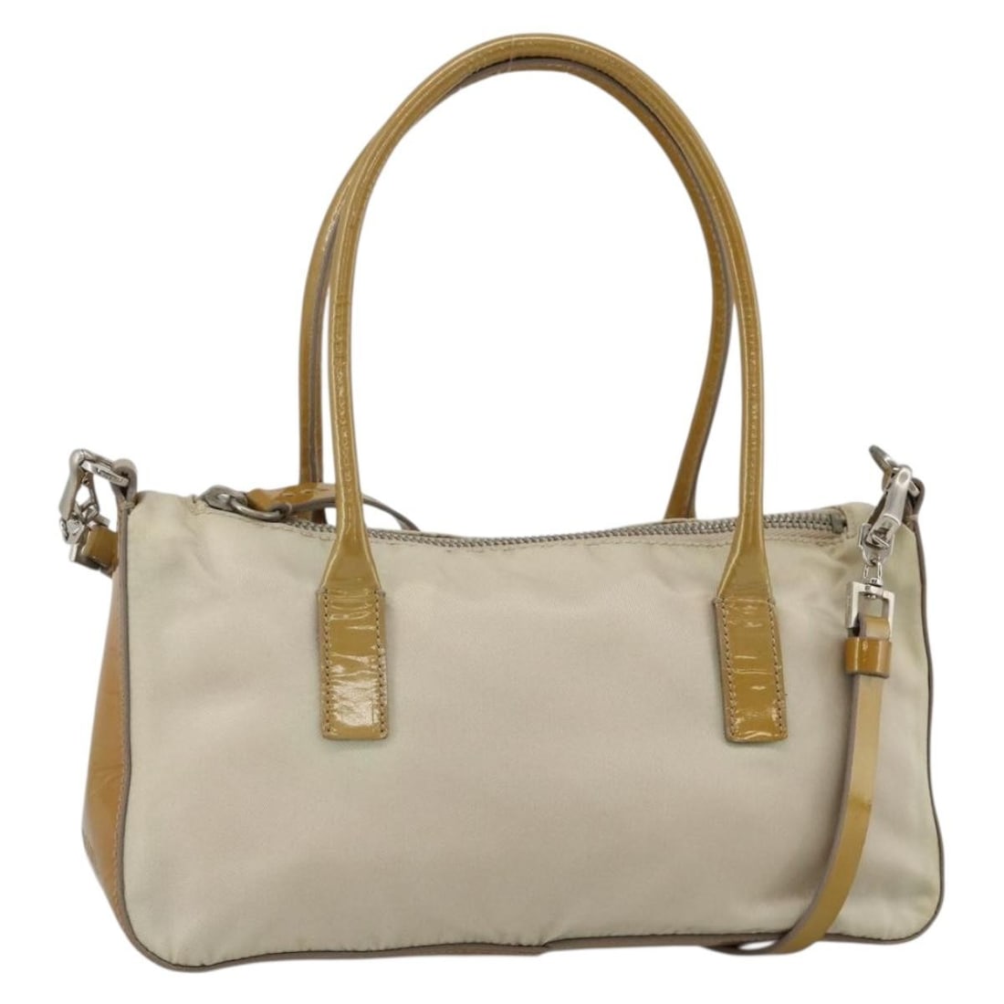 Prada nylon 2-way handbag beige silver with shoulder strap: Prada nylon 2-way handbag beige silver with shoulder strap Authentic Prada 2-way handbag in beige nylon with silver-tone exterior detailing. Designed for women, this handbag includes both top handles 
