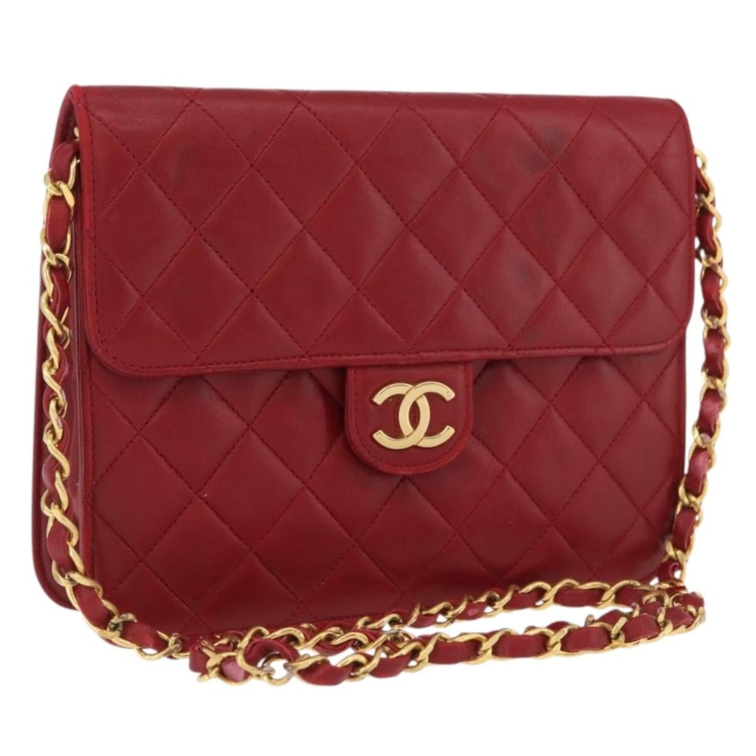 CHANEL CC Flap Shoulder Bag Red Lamb Skin Chain Strap: CHANEL CC Flap Shoulder Bag Red Lamb Skin Chain Strap Chanel Matelasse chain shoulder bag in red lamb skin with gold-tone CC detailing. This women's shoulder bag is made in France and includes only th
