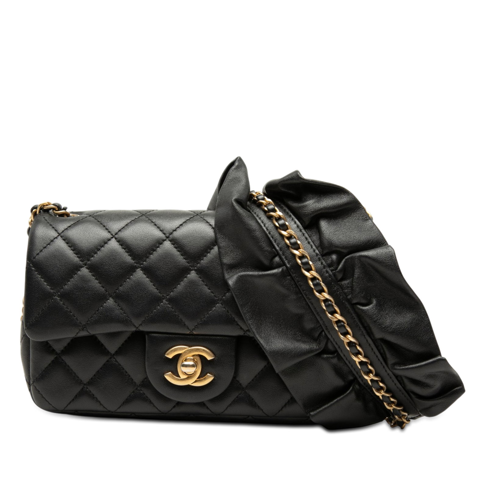 Chanel Romance Mini Rectangular Classic Flap Crossbody Lambskin Black: Chanel Romance Mini Rectangular Classic Flap Crossbody Lambskin Black Chanel Mini Rectangular Classic Lambskin Romance Single Flap crossbody bag in black. It features a quilted lambskin leather body, 