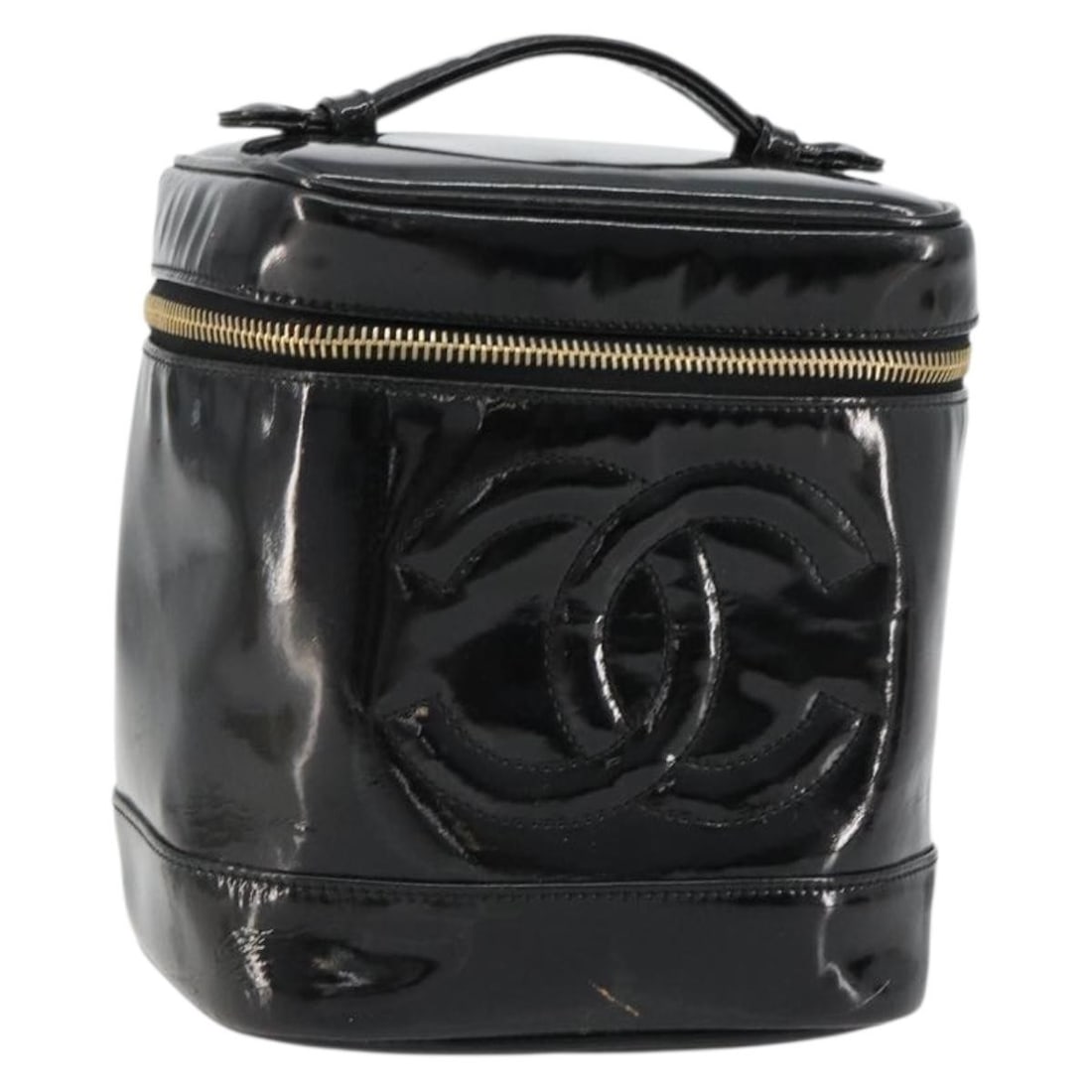 CHANEL Black Patent Leather Vanity Hand Bag Gold CC France: CHANEL Black Patent Leather Vanity Hand Bag Gold CC France Chanel vanity handbag in black patent leather with gold color accents. It is a hand bag style item made in France and comes as the item shown