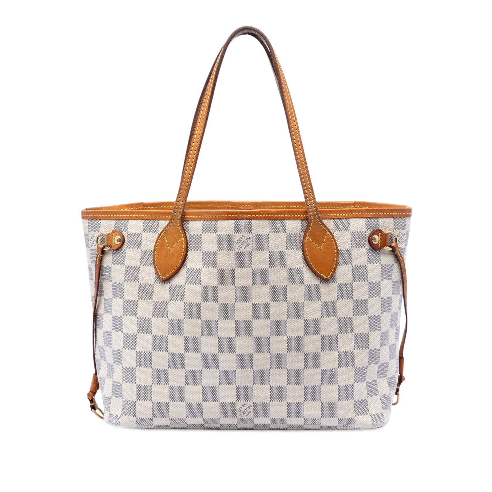 Louis Vuitton Damier Azur Neverfull PM Tote Bag: Louis Vuitton Damier Azur Neverfull PM Tote Bag This Louis Vuitton Damier Azur Neverfull PM features a white Damier Azur canvas body with vachetta leather trim and flat vachetta leather shoulder strap