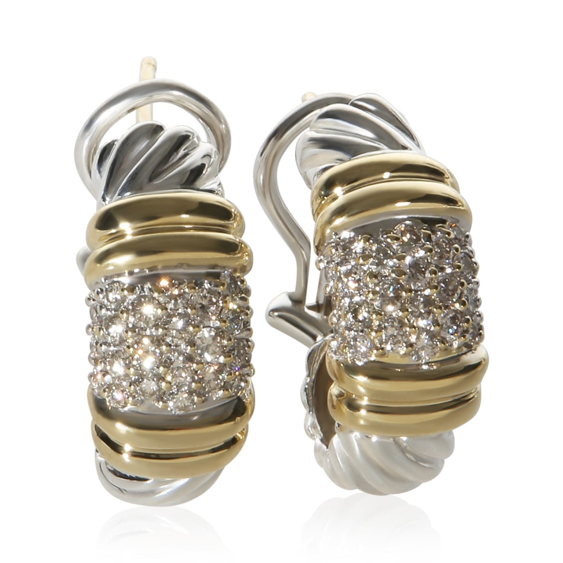 David Yurman Metro Shrimp Diamond Earrings in 18k Gold and Sterling Silver: David Yurman Metro Shrimp Diamond Earrings in 18k Gold and Sterling Silver Pre-owned David Yurman Metro Shrimp earrings crafted in yellow gold and sterling silver, accented with round brilliant white 