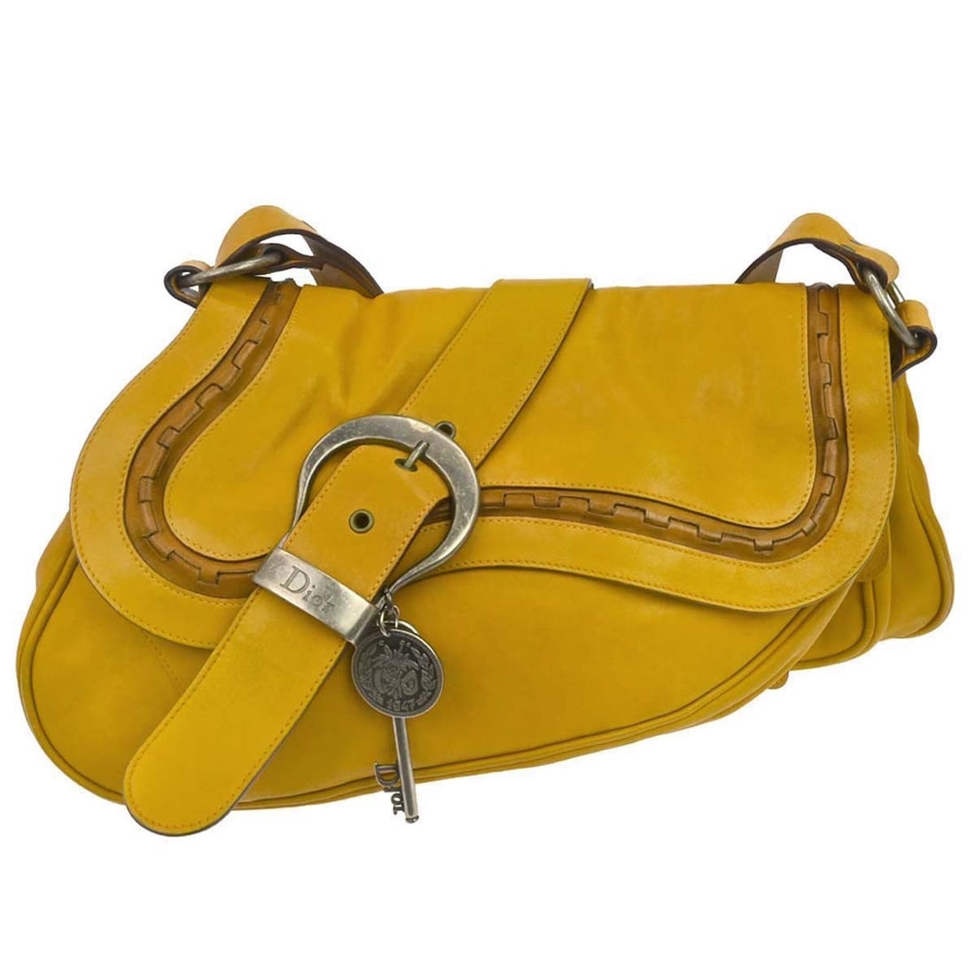 Dior Gaucho Large Yellow Leather Saddle Shoulder Bag: Dior Gaucho Large Yellow Leather Saddle Shoulder Bag Christian Dior Gaucho shoulder bag in yellow leather with a large saddle bag silhouette. Made in Italy, this women's bag features an interior zip p