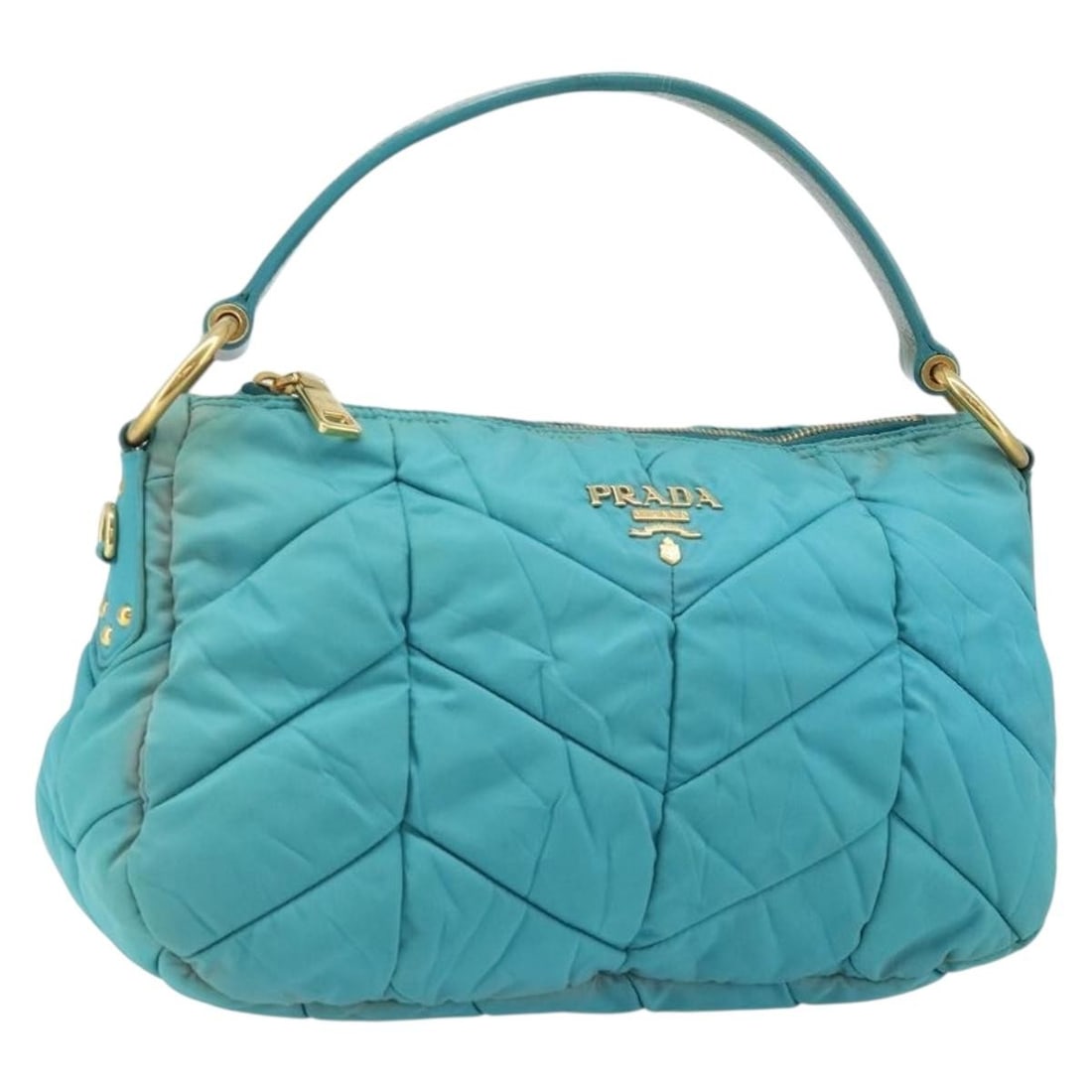 PRADA Nylon Shoulder Bag Light Blue Gold Tone Italy: PRADA Nylon Shoulder Bag Light Blue Gold Tone Italy Prada shoulder bag in light blue nylon with gold-tone accents. This women's bag was made in Italy and includes only the item shown, with no box or d