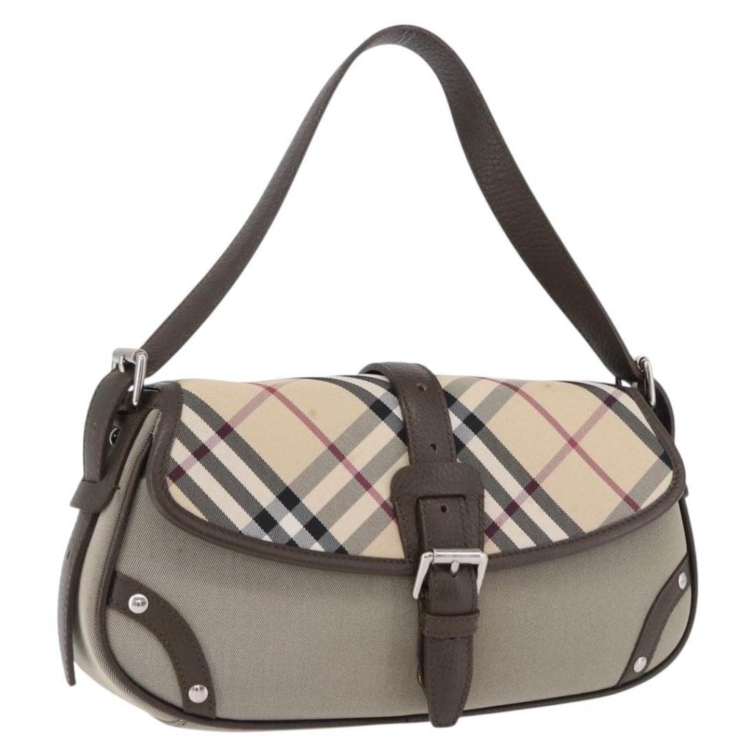 BURBERRY Beige Silver Nylon Nova Check Women's Hand Bag: BURBERRY Beige Silver Nylon Nova Check Women's Hand Bag Burberry Nova Check handbag in beige and silver nylon. This women's handbag shows heavy use with visible wear throughout, including stains and r