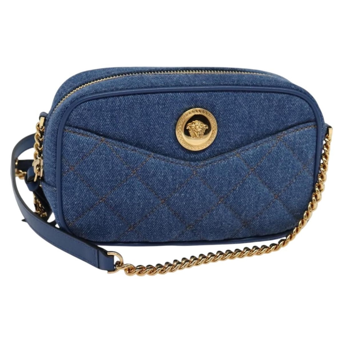 VERSACE Medusa Canvas Shoulder Bag Blue and Gold Italy: VERSACE Medusa Canvas Shoulder Bag Blue and Gold Italy Versace shoulder bag in blue canvas with gold-tone detailing. Made in Italy, this women's bag features a compact silhouette and an adjustable sho