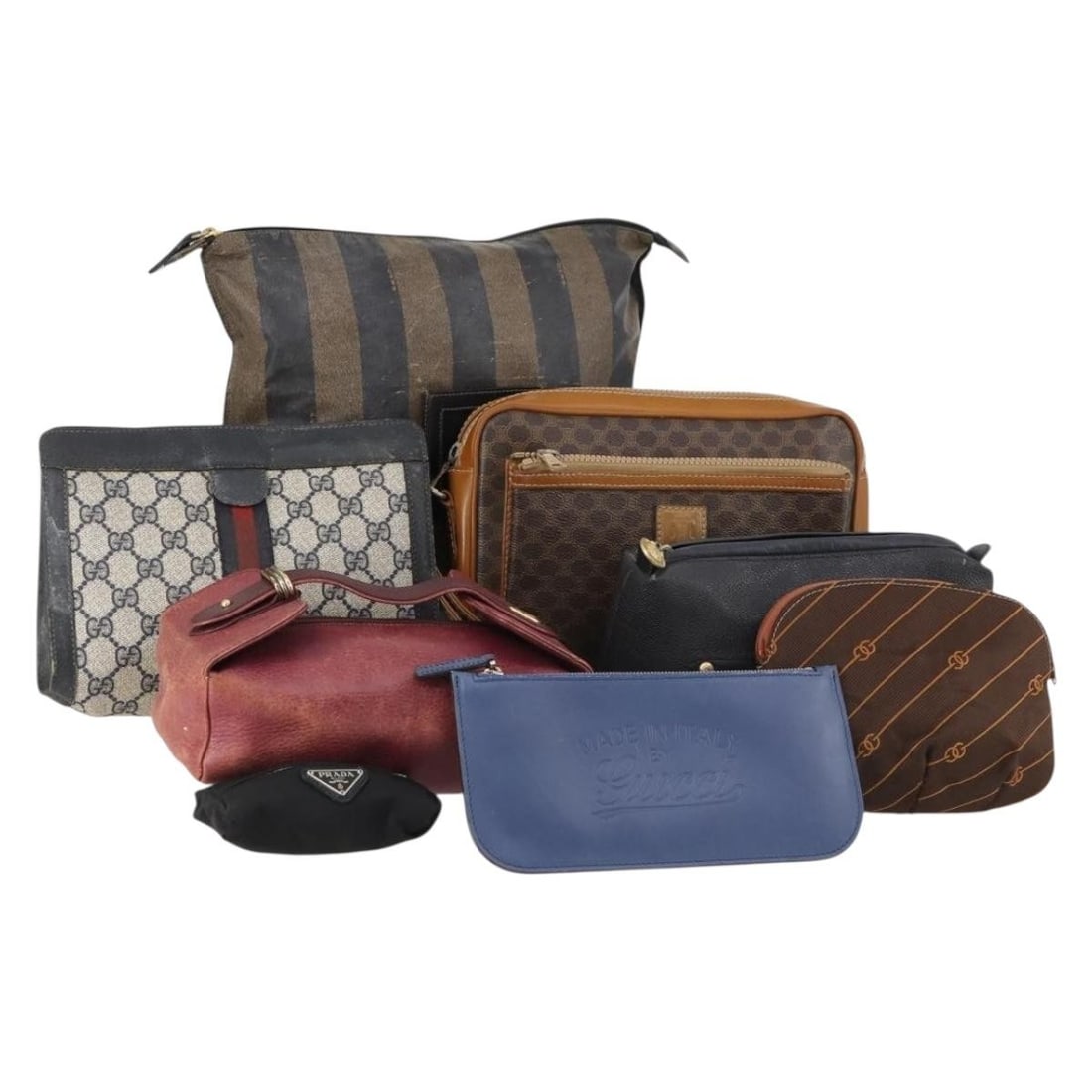 CELINE Blue Brown Leather Macadam Canvas Pouch Set of 8 Authentic: CELINE Blue Brown Leather Macadam Canvas Pouch Set of 8 Authentic This authentic CELINE pouch showcases a stylish blend of blue leather and Macadam canvas, making it a chic accessory for any occasion.