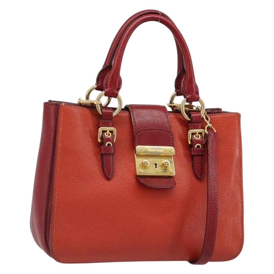 Miu Miu Ready Lock 2way Leather Handbag Orange Red Gold: Miu Miu Ready Lock 2way Leather Handbag Orange Red Gold Miu Miu Ready Lock 2-way handbag in orange red leather with gold-tone accents. Made in Italy, this women's bag includes a shoulder strap and can