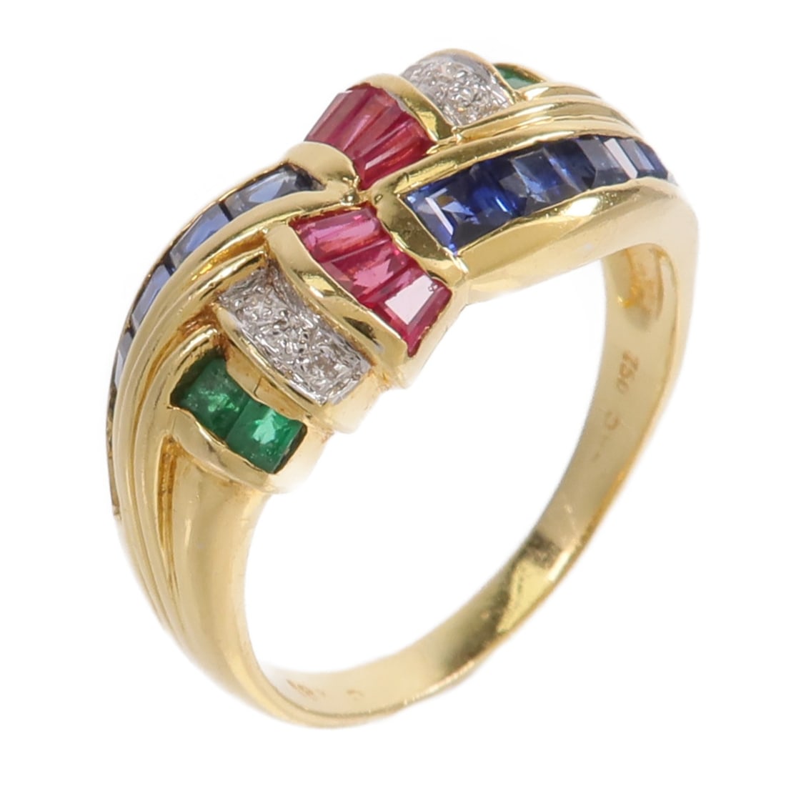 18K Yellow White Gold Ring with Diamond Ruby Sapphire Emerald: 18K Yellow White Gold Ring with Diamond Ruby Sapphire Emerald A women's ring crafted in 18K yellow gold and 18K white gold, set with diamond, ruby, sapphire, and emerald accents. This piece is present