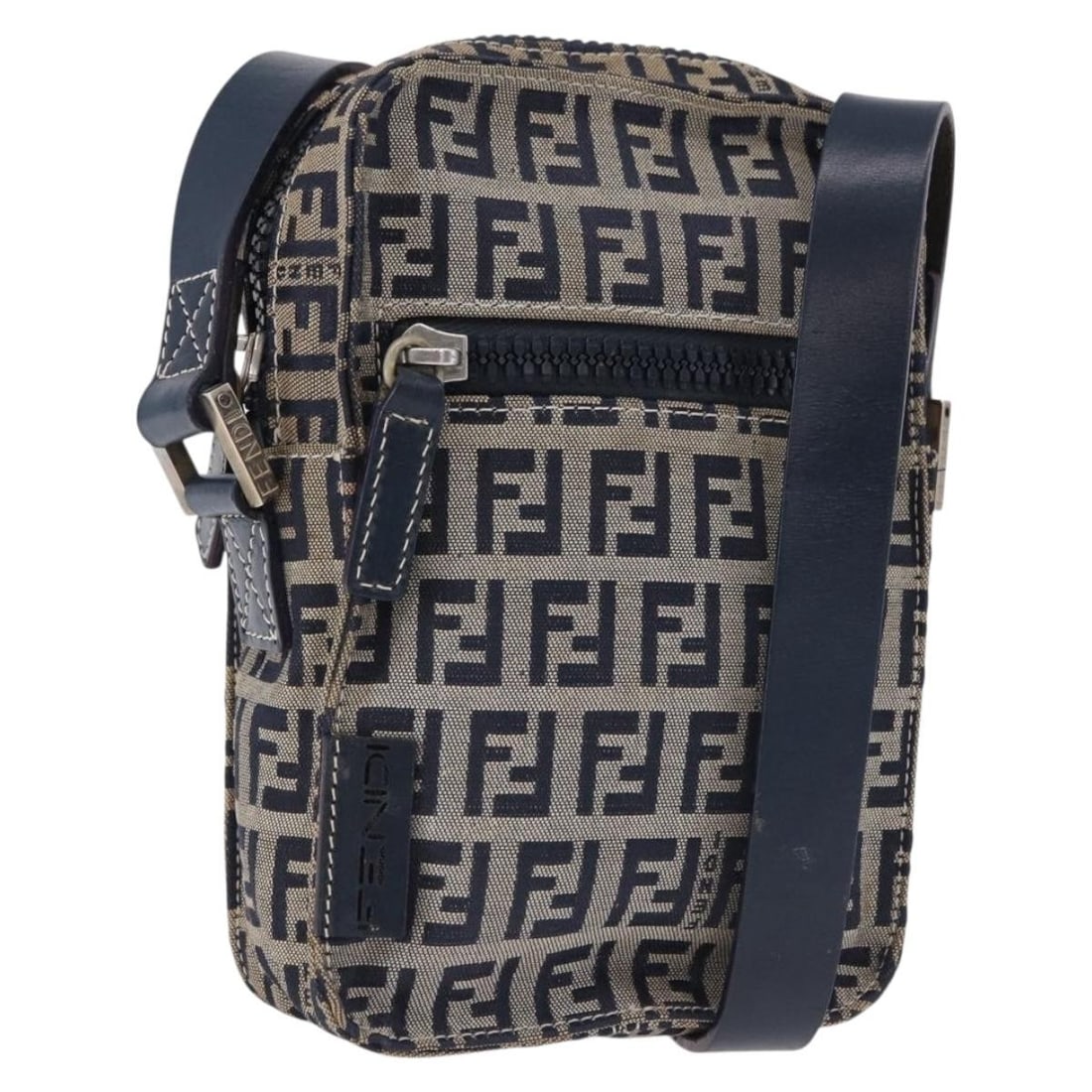 Fendi Navy Silver Zucchino Canvas Shoulder Bag Made in Italy: Fendi Navy Silver Zucchino Canvas Shoulder Bag Made in Italy Authentic Fendi shoulder bag in navy and silver Zucchino canvas. This women's bag is made in Italy and features a compact silhouette with s