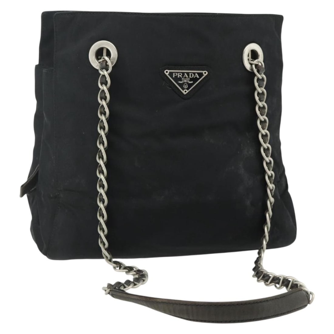 Prada nylon black silver tote with chain handles: Prada nylon black silver tote with chain handles This PRADA chain tote bag is crafted from black nylon with silver-tone accents. Designed for women, it features a spacious interior and a handle drop f