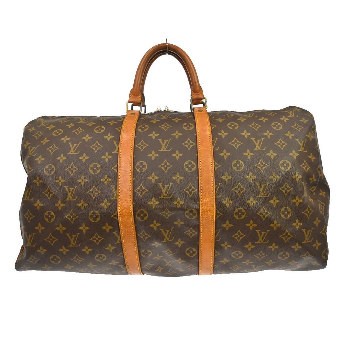 Louis Vuitton Keepall 55 Monogram Canvas Duffle Bag M41424: Louis Vuitton Keepall 55 Monogram Canvas Duffle Bag M41424 Vintage Louis Vuitton Keepall 55 travel handbag in Monogram canvas with leather details. It features a zip closure, double handles, and a bro