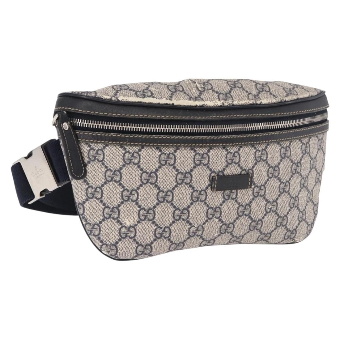 GUCCI 233269 GG Supreme PVC Waist Bag Navy Silver: GUCCI 233269 GG Supreme PVC Waist Bag Navy Silver Gucci waist bag in PVC leather and GG canvas with a navy and silver color scheme. Made in Italy, this women's bag measures approximately 28 cm wide, 1