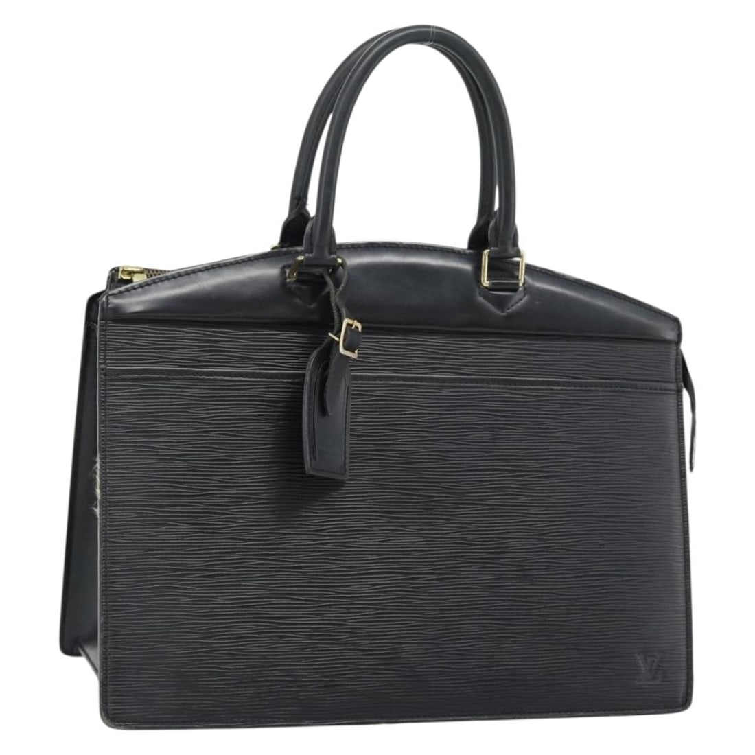 Louis Vuitton Riviera Epi Leather Handbag Black M48182: Louis Vuitton Riviera Epi Leather Handbag Black M48182 Louis Vuitton Riviera handbag in black Epi leather with structured top handles and a name tag. Made in France, this women's handbag shows heavy u