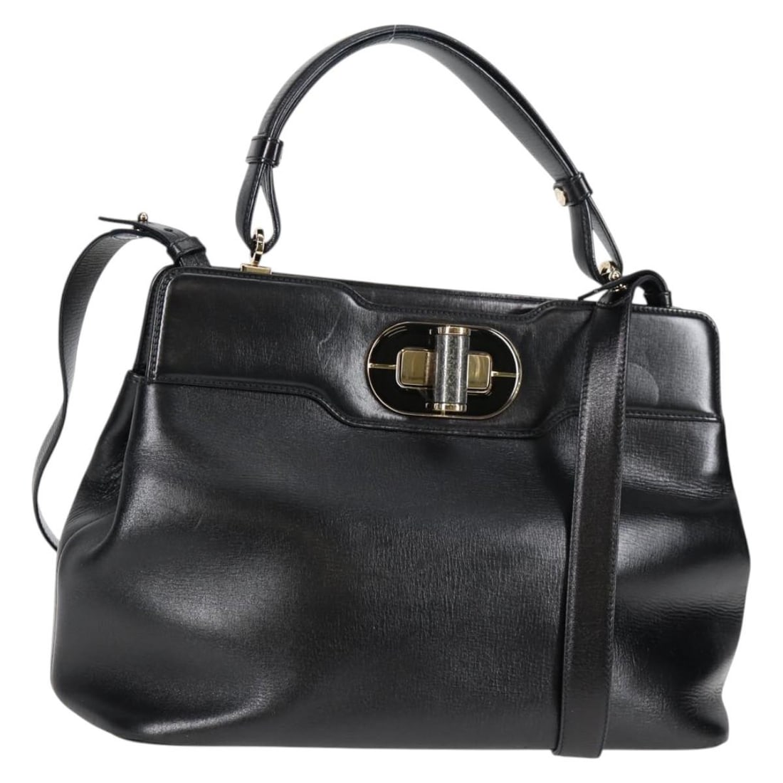 BVLGARI Black Leather 2way Handbag with Shoulder Strap Dust Bag: BVLGARI Black Leather 2way Handbag with Shoulder Strap Dust Bag Bvlgari 2-way handbag in black leather with gold-tone accents. Made in Italy, this women's bag includes a dust bag and shoulder strap. C
