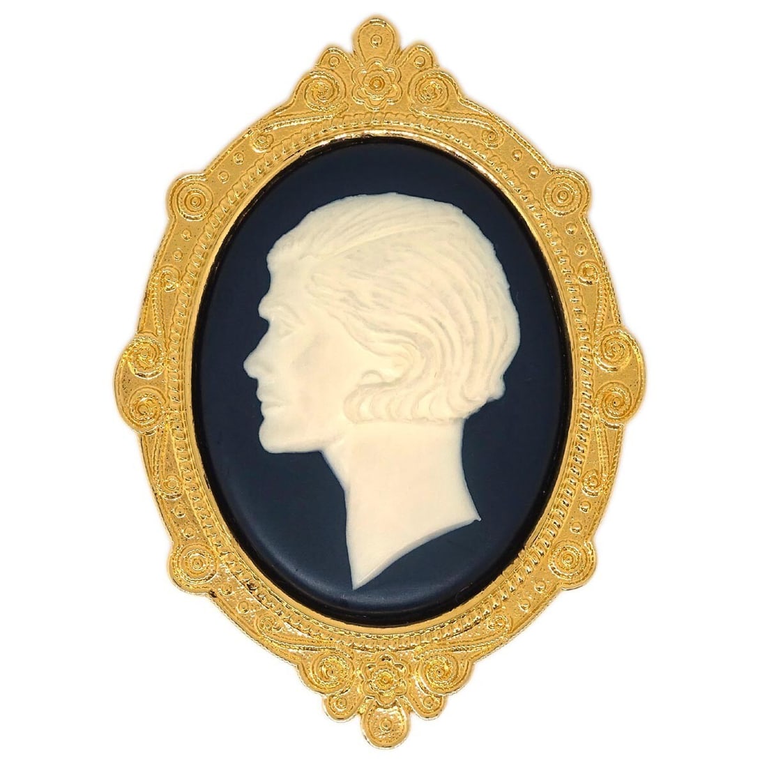 CHANEL Gold Plated Brooch Pin with Box: CHANEL Gold Plated Brooch Pin with Box Gold-plated Chanel brooch pin with white and black acrylic accents. Presented in very good condition with minor scuffs and includes the box. Specifications Brand