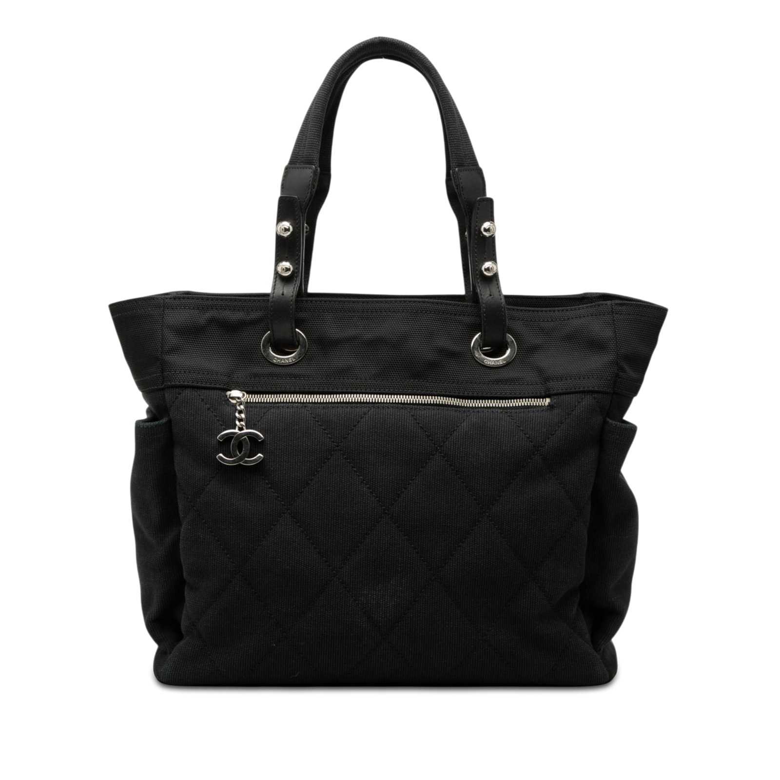 Chanel Paris Biarritz Large Quilted Canvas Tote Bag Blue: Chanel Paris Biarritz Large Quilted Canvas Tote Bag Blue Large Chanel Paris Biarritz tote in quilted canvas with flat handles, a top zip closure, one exterior zip pocket, and interior zip and slip poc