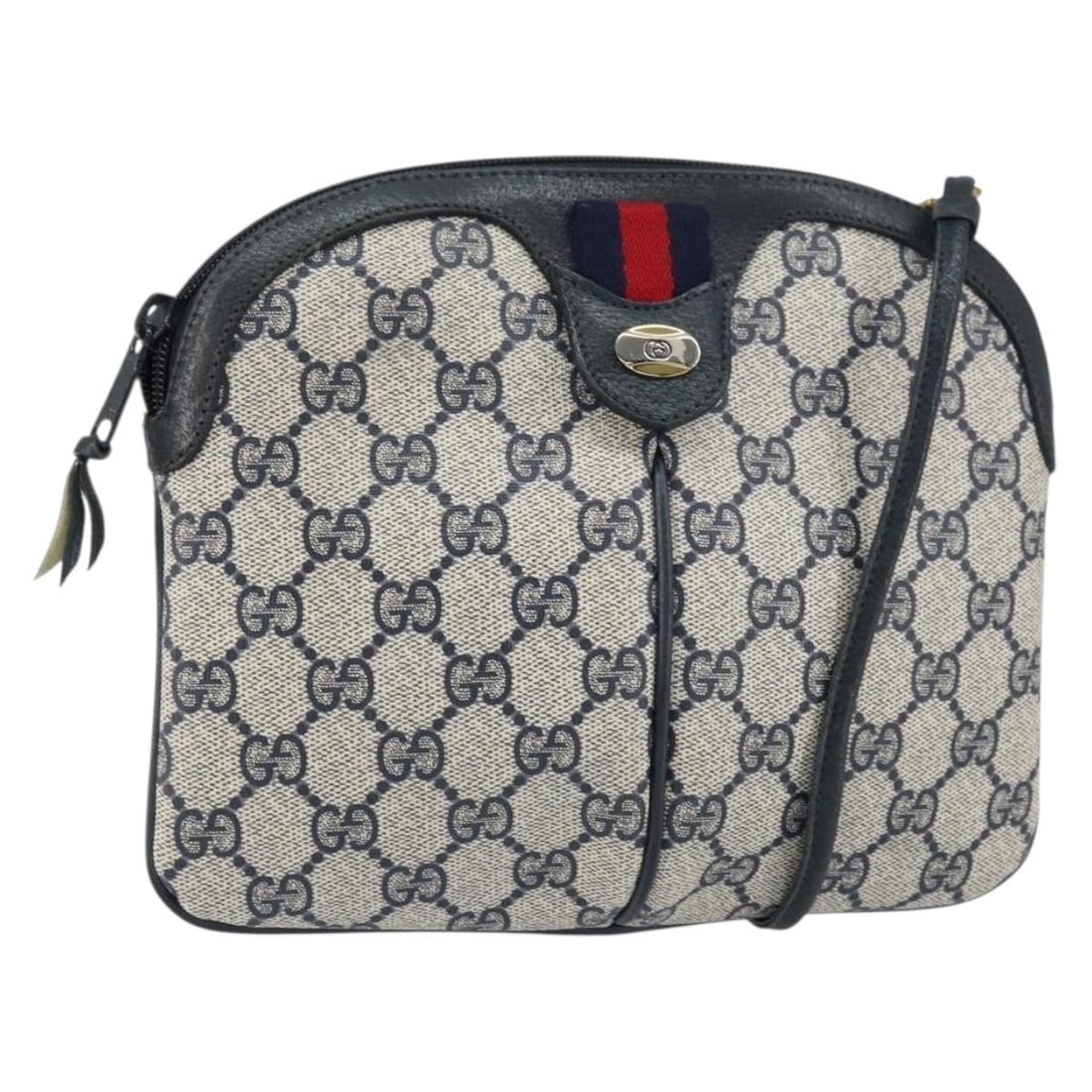 GUCCI GG Supreme Sherry Shoulder Bag PVC Navy Gold Red 904 02 047 Auth: GUCCI GG Supreme Sherry Shoulder Bag PVC Navy Gold Red 904 02 047 Auth This authentic GUCCI GG Supreme Sherry Line Shoulder Bag showcases a stylish blend of navy, gold, and red colors. Crafted from du