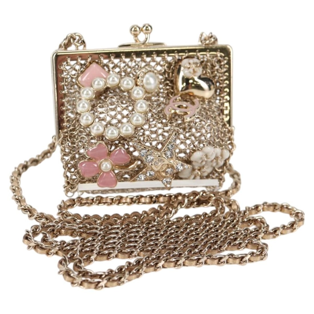 CHANEL AP2890 Camellia CC Chain Pouch Gold Metal: CHANEL AP2890 Camellia CC Chain Pouch Gold Metal Chanel Camellia COCO Mark chain pouch in gold-tone metal. This women's pouch is made in Italy and includes the dust bag and item box. Condition is rank