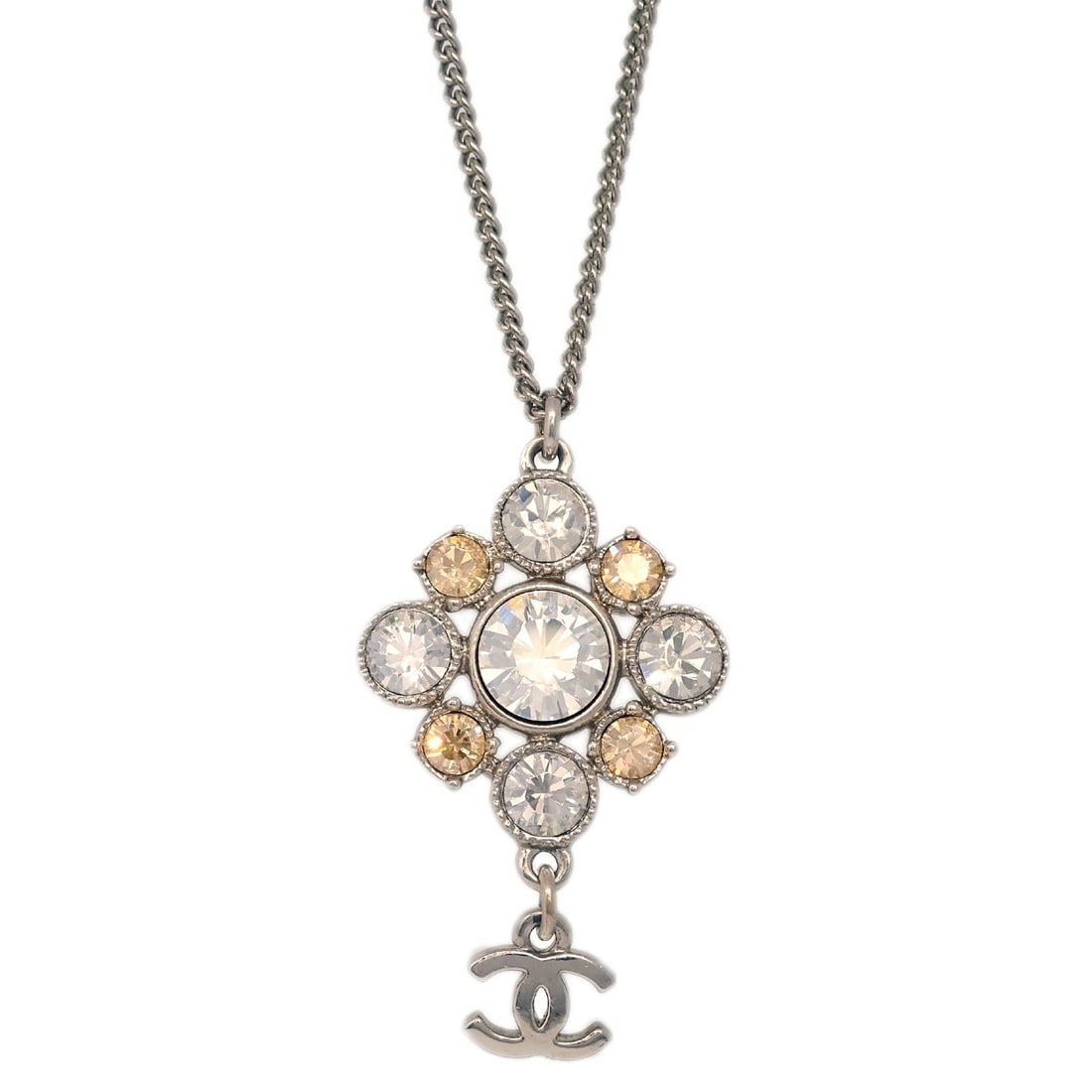 Chanel pendant necklace silver plated rhinestone chain: Chanel pendant necklace silver plated rhinestone chain A Chanel pendant necklace in a silver chain style, made in silver plated material and originating from France. The piece is presented in very goo