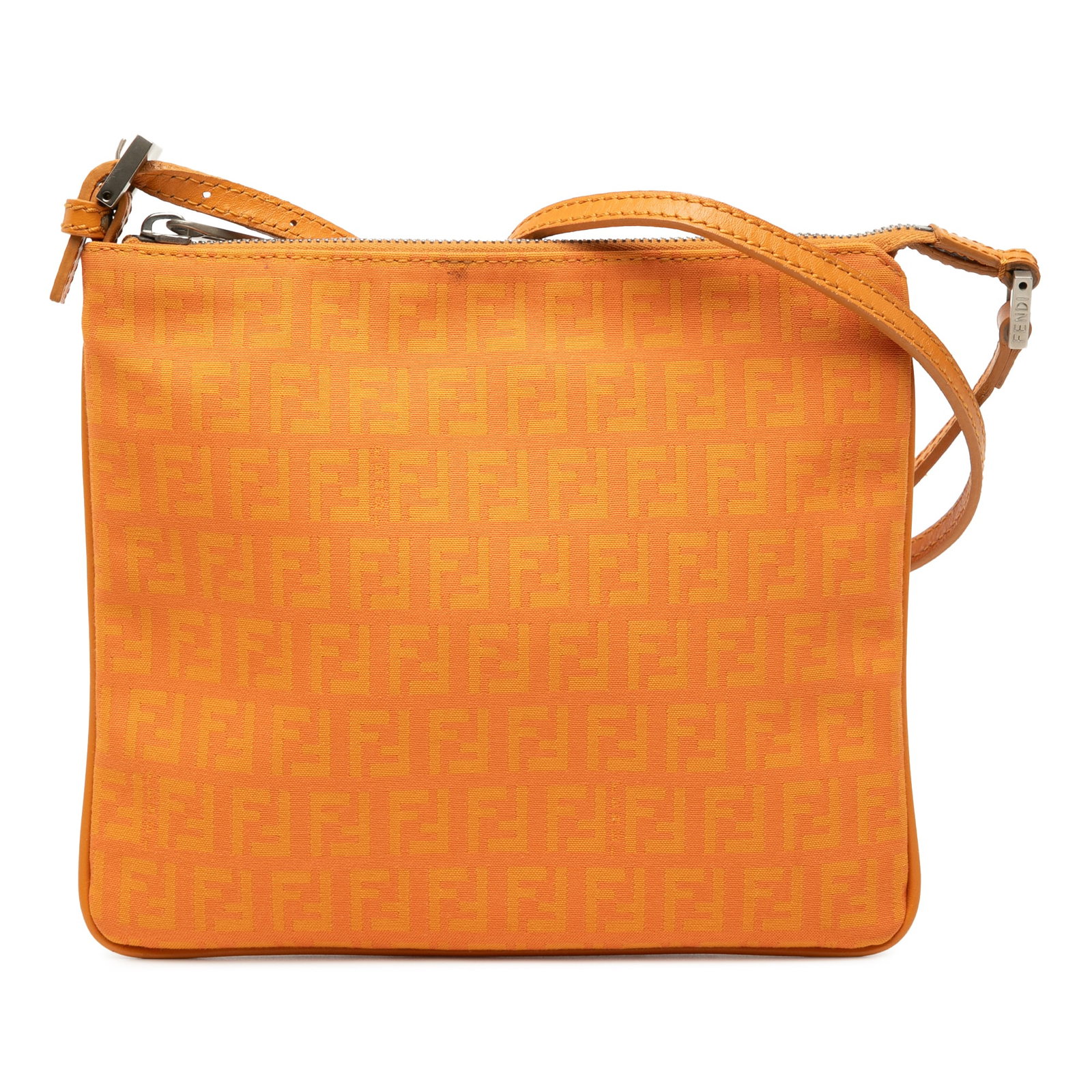 Fendi Zucchino Canvas Crossbody Bag in Orange: Fendi Zucchino Canvas Crossbody Bag in Orange This stylish Fendi Zucchino Canvas Crossbody bag is crafted from durable canvas with luxurious leather trim. It features an adjustable flat leather strap 