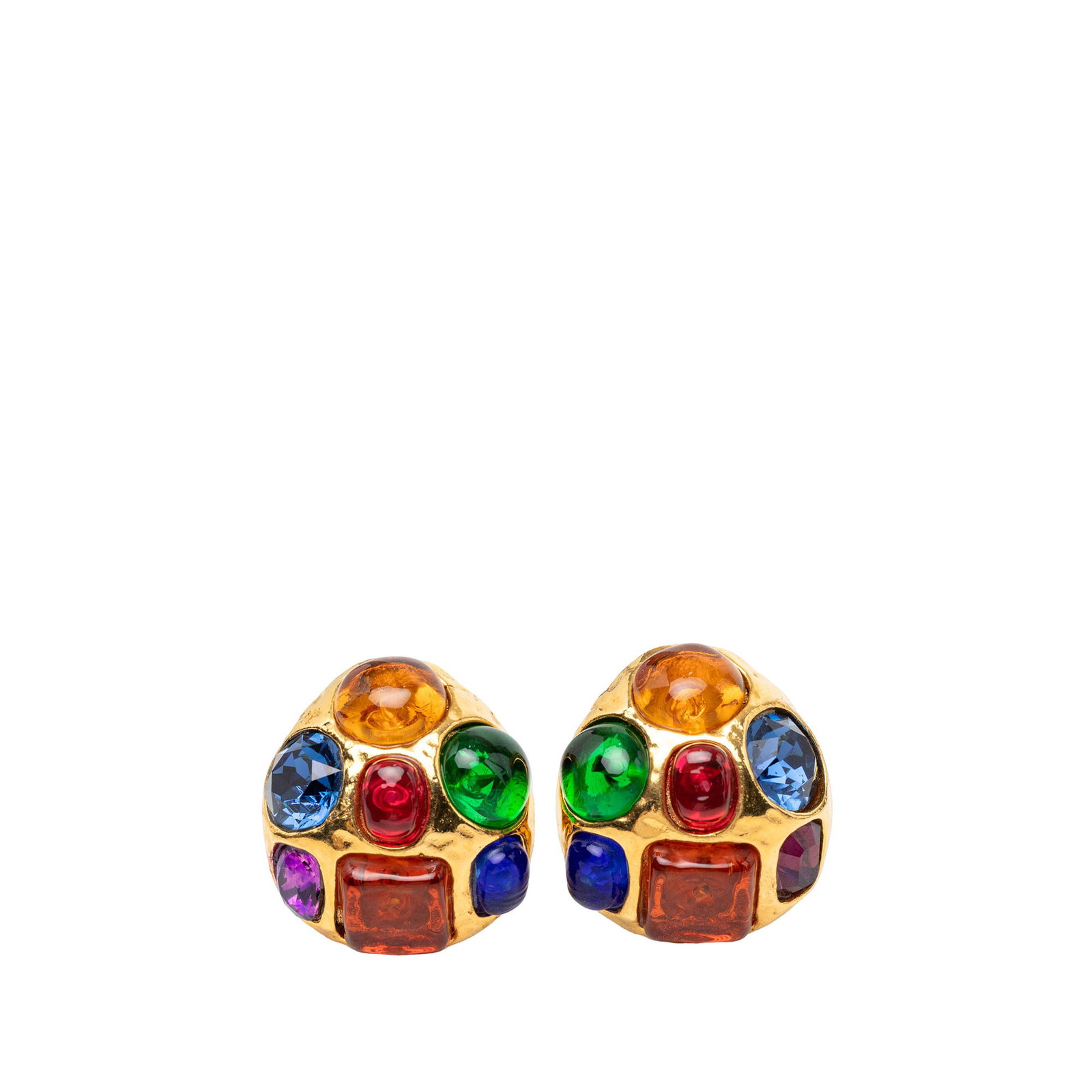 Chanel Gripoix Cabochon Gold Plated Clip Earrings: Chanel Gripoix Cabochon Gold Plated Clip Earrings Clip-on earrings featuring gold-plated metal bodies with glass embellishments in a Gripoix cabochon design. Made in France, this costume jewelry piece