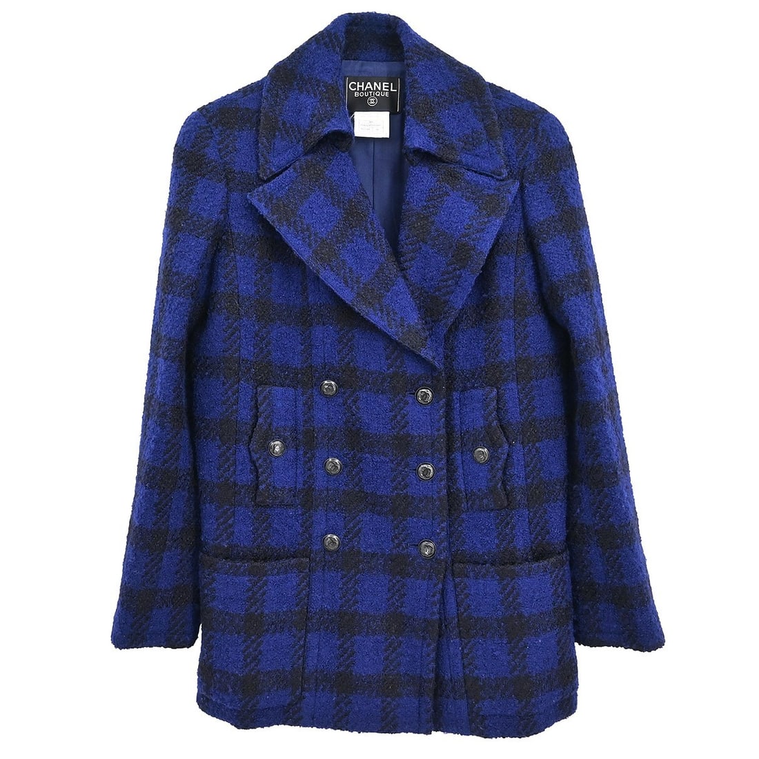 CHANEL 96A Vintage Navy Double Breasted Wool Blend Jacket Size 38: CHANEL 96A Vintage Navy Double Breasted Wool Blend Jacket Size 38 Vintage Chanel double-breasted jacket in navy and black with a collared design and long sleeves. This women's mid-length jacket is mad