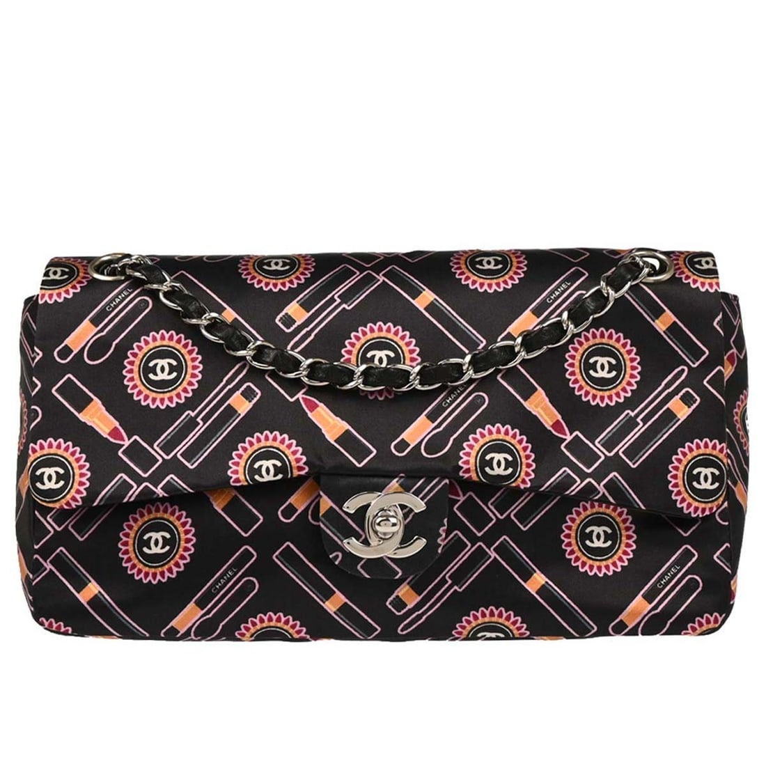 CHANEL Classic Single Flap Shoulder Bag Black Satin Lipstick: CHANEL Classic Single Flap Shoulder Bag Black Satin Lipstick Chanel Classic Single Flap shoulder bag in black satin with a turn-lock closure and black shoulder strap. The bag features a lambskin linin