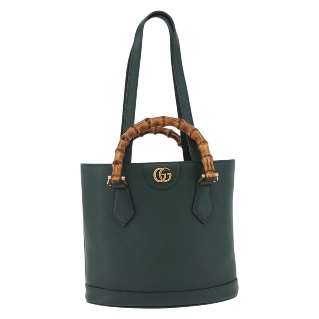 Gucci Diana Round Tote Green Leather Bamboo Handle Bag: Gucci Diana Round Tote Green Leather Bamboo Handle Bag Gucci Diana Bamboo Handle Round Tote in green leather. This women's handbag is made in Italy and remains in good overall condition, with light ex