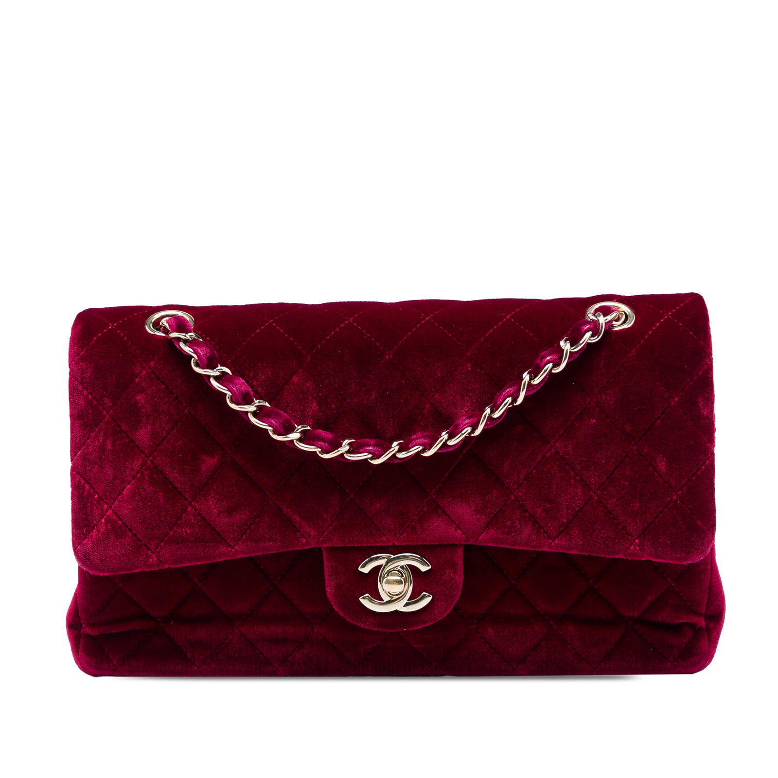 Chanel Medium Classic Double Flap Shoulder Bag in Red Velvet: Chanel Medium Classic Double Flap Shoulder Bag in Red Velvet Medium Classic Velvet Double Flap shoulder bag in red quilted fabric with velvet-woven chain straps, signature interlocking CC turn-lock cl
