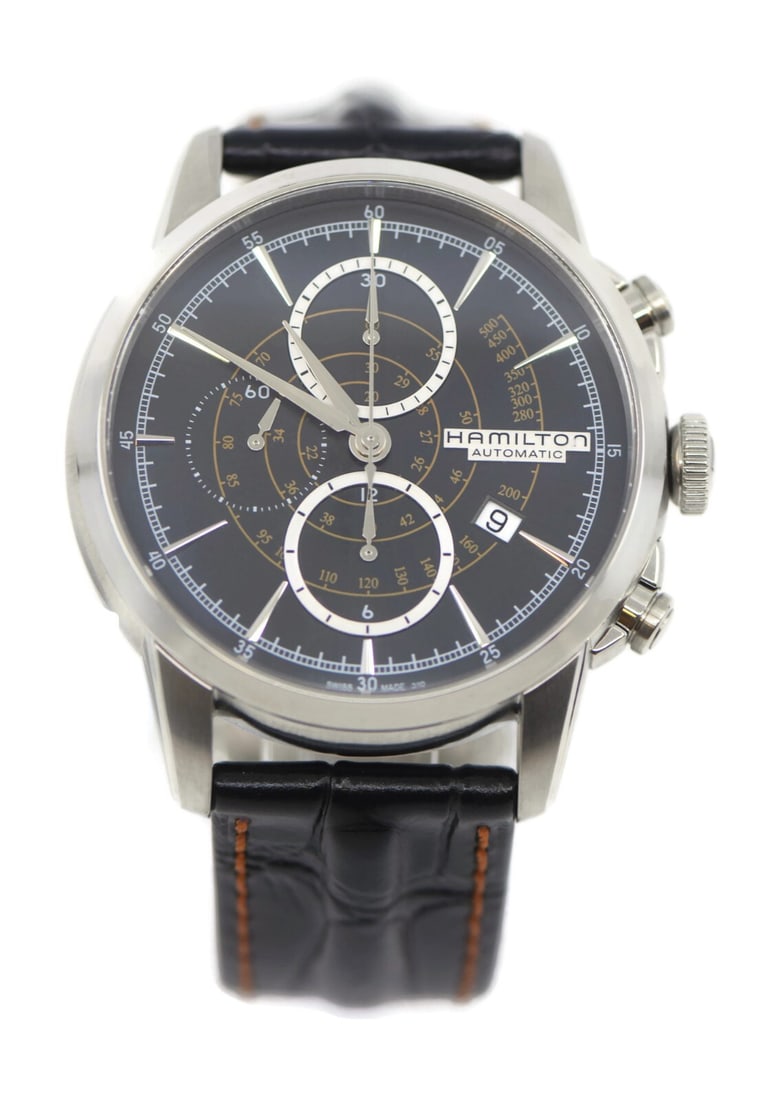 Hamilton Railroad Chronograph Stainless Steel Watch H40656731 with Box and Papers: Hamilton Railroad Chronograph Stainless Steel Watch H40656731 with Box and Papers The Hamilton Railroad Chronograph is a stunning wristwatch crafted from high-quality stainless steel. This model featu