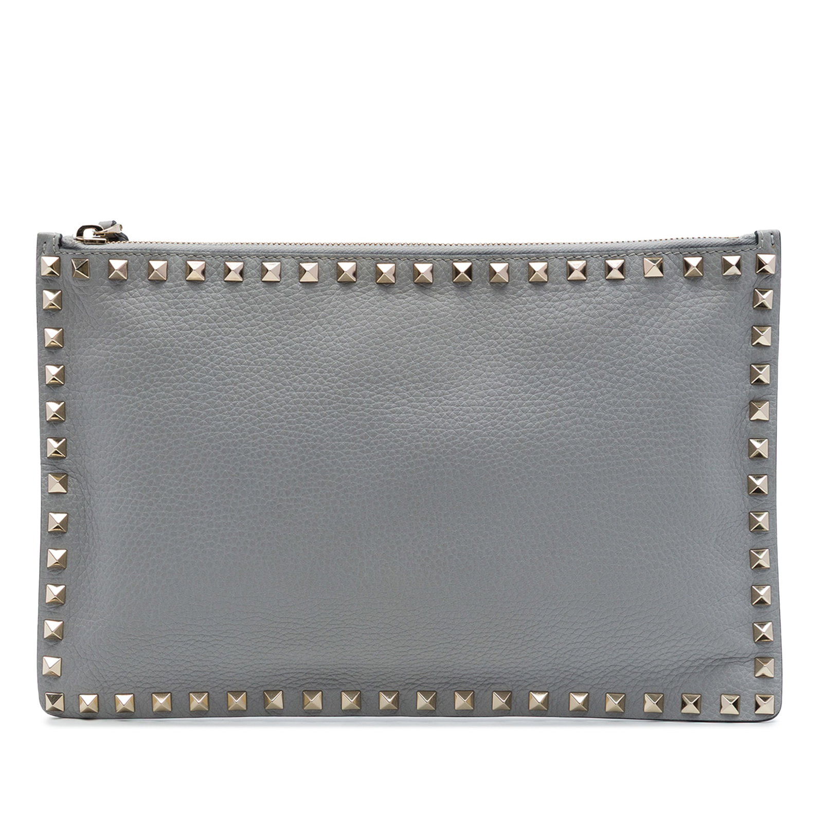 Valentino Rockstud Grained Calfskin Leather Zip Clutch Bag: Valentino Rockstud Grained Calfskin Leather Zip Clutch Bag Valentino Rockstud zip clutch in gray grained calfskin leather. This Italian-made clutch features the signature Rockstud detailing and a top 
