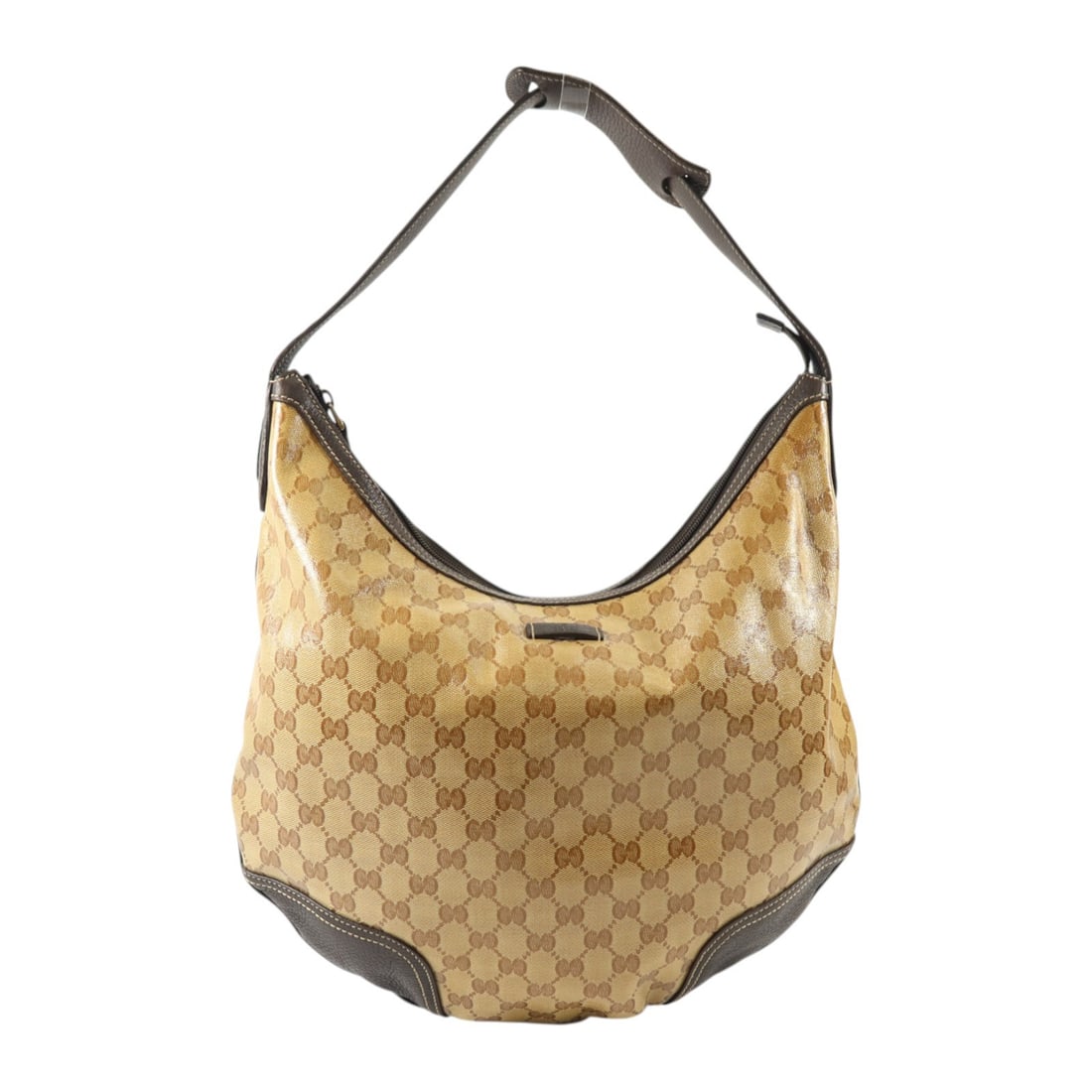 Gucci 293596 GG Shoulder Bag Brown PVC Coated Canvas: Gucci 293596 GG Shoulder Bag Brown PVC Coated Canvas Gucci GG shoulder bag in brown PVC coated canvas. This women's shoulder bag features an open interior pocket and an inside zip pocket. Made in Ital