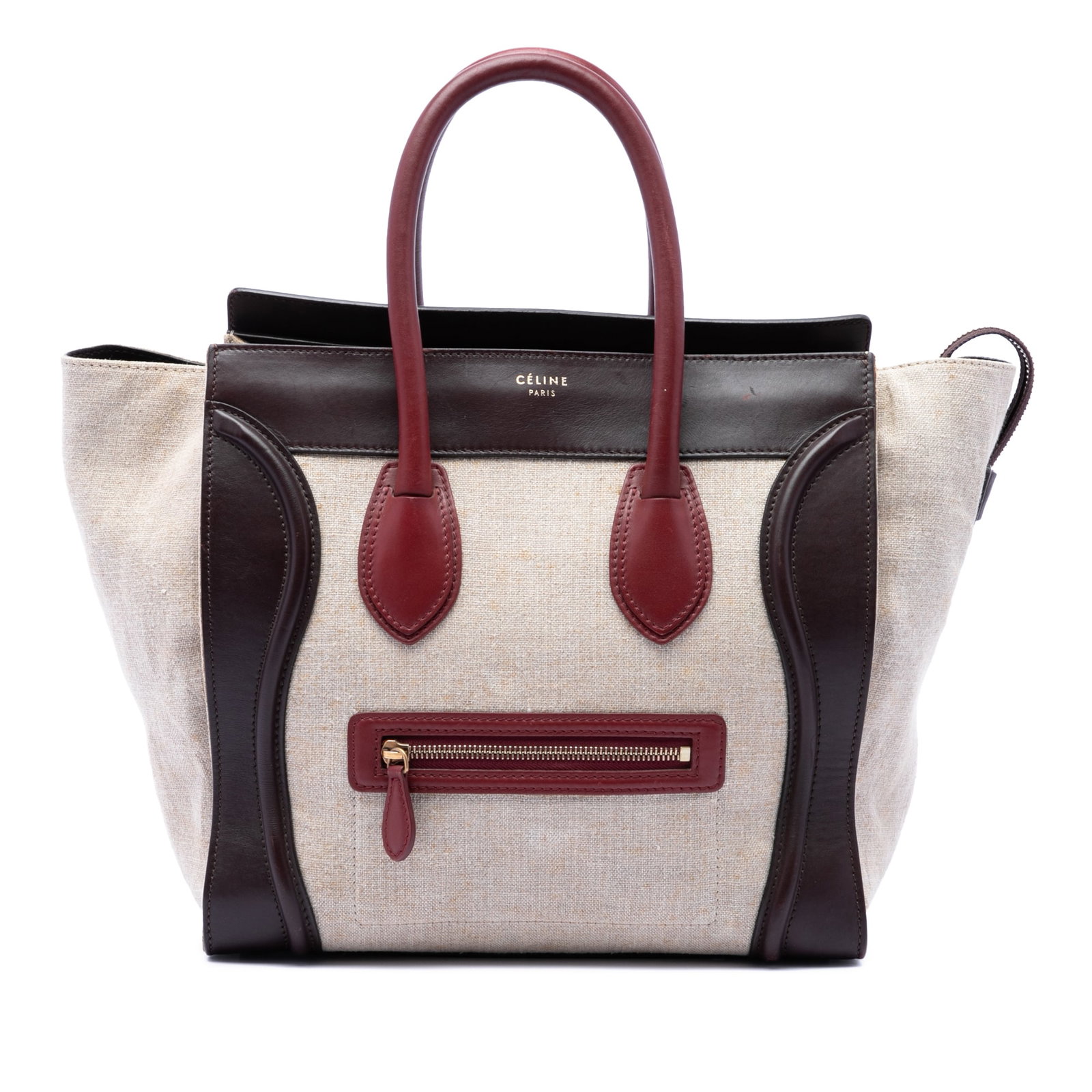 Celine Luggage Tote Mini Tricolor Canvas Leather Handbag: Celine Luggage Tote Mini Tricolor Canvas Leather Handbag Celine Mini Tricolor Luggage Tote crafted with a canvas body and leather trim. This tote features rolled leather handles, a top zip closure, an