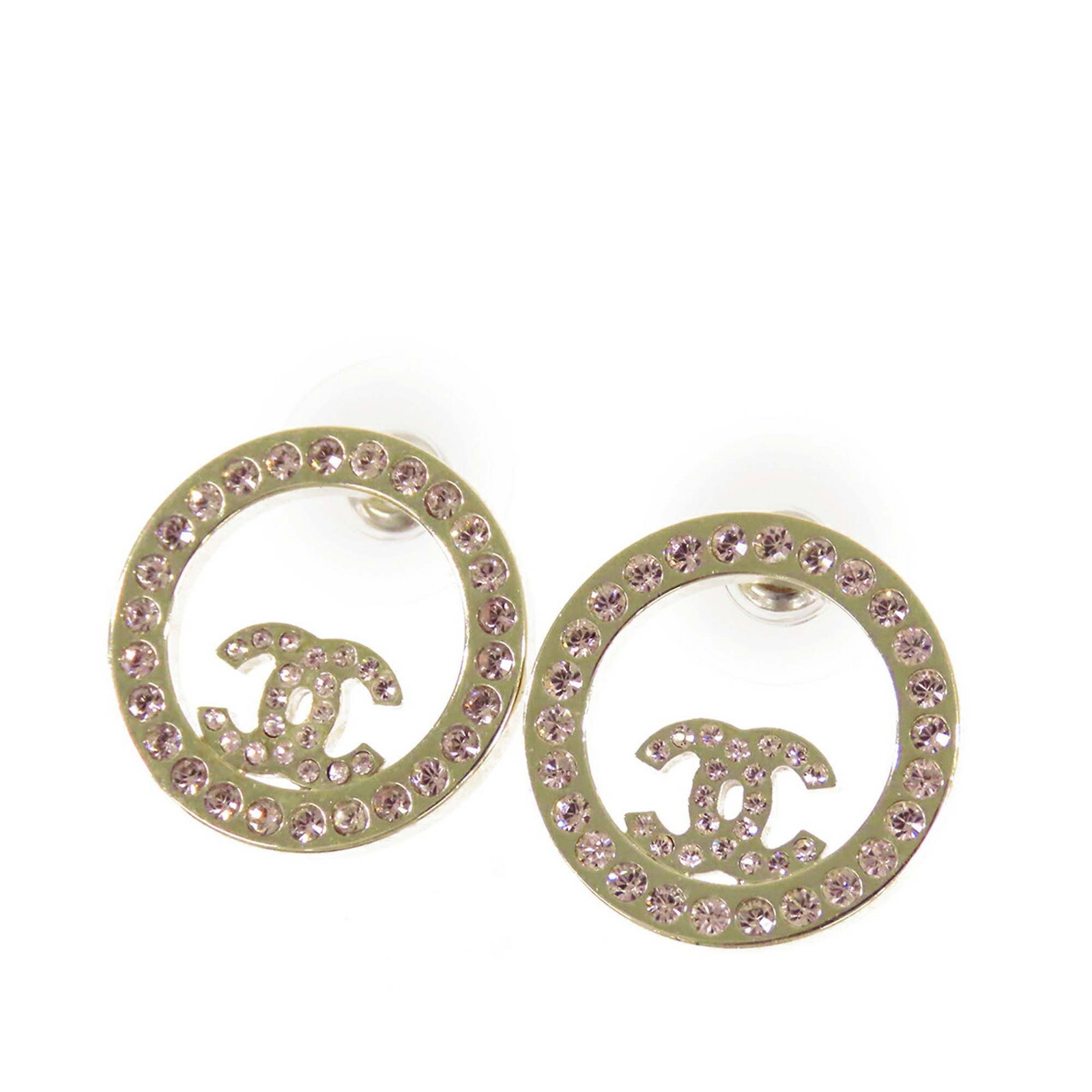 Chanel CC Round Strass Gold Plated Earrings with Bullet Backs: Chanel CC Round Strass Gold Plated Earrings with Bullet Backs Round Chanel CC earrings with crystal embellishments and bullet back closures. Made in Italy, this costume jewelry design features a gold 