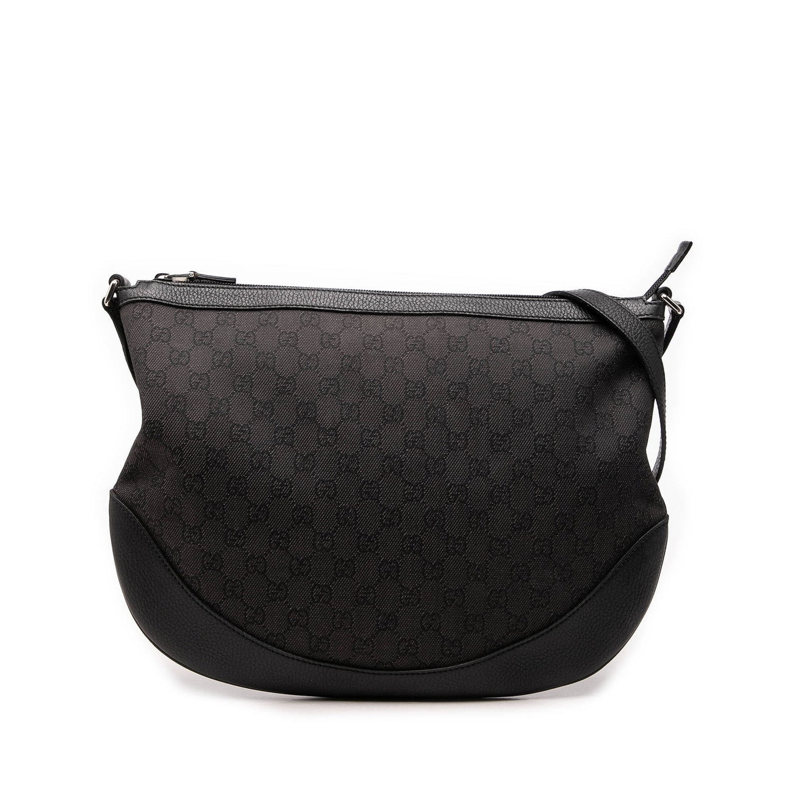 Gucci Large GG Half Moon Denim Crossbody Bag Black: Gucci Large GG Half Moon Denim Crossbody Bag Black Gucci Large GG Denim Half Moon Crossbody bag with a GG denim body, leather trim, an adjustable flat leather strap, top zip closure, and interior zip 