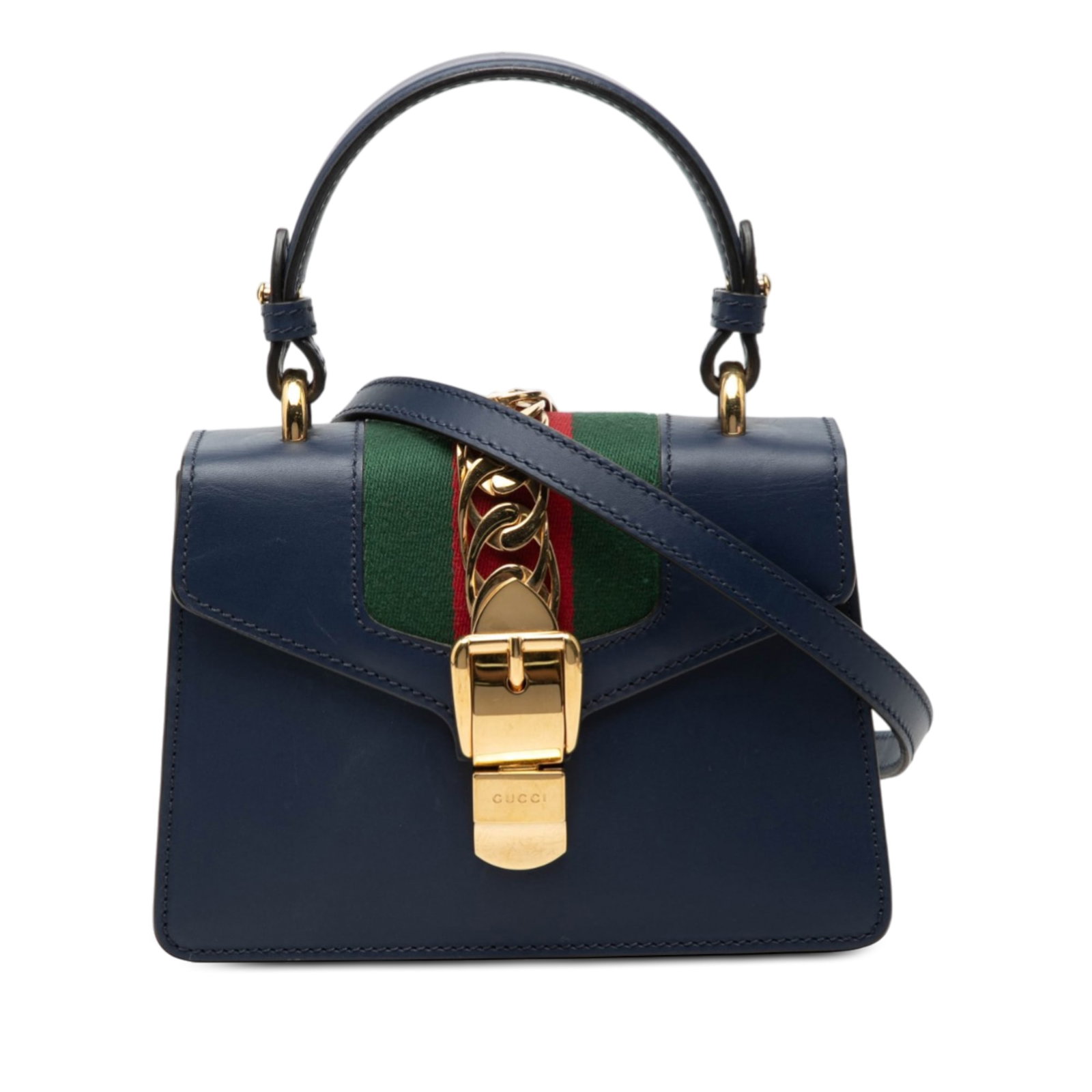 Gucci Sylvie Mini Blue Leather Top Handle Bag: Gucci Sylvie Mini Blue Leather Top Handle Bag This Gucci Mini Leather Sylvie Satchel showcases a blue leather body with a flat leather handle and a detachable flat leather strap. The bag features a fr