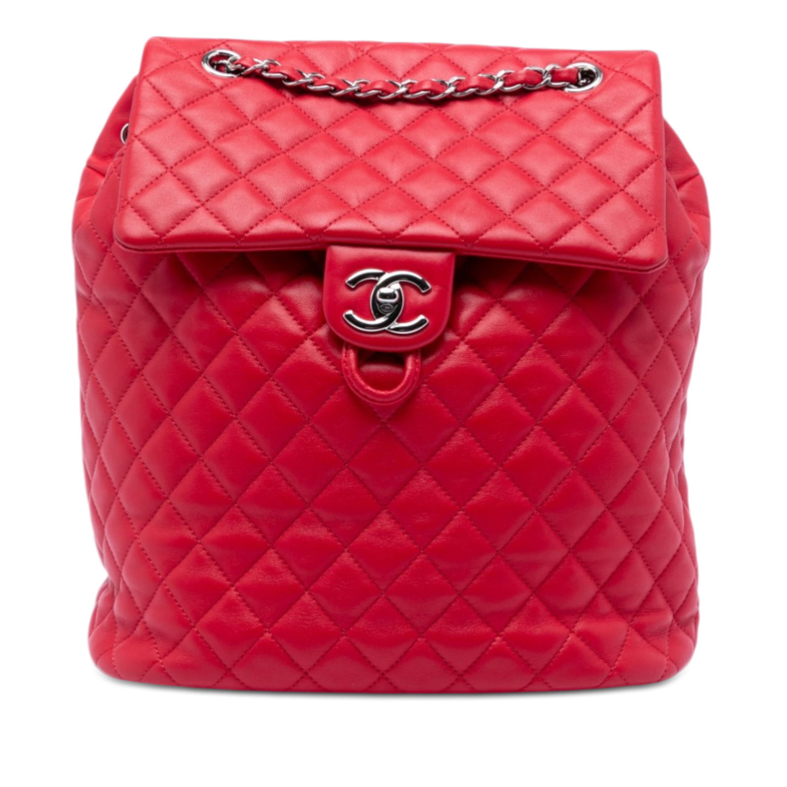 Red Urban Spirit Quilted Lambskin Medium Backpack by Chanel: Red Urban Spirit Quilted Lambskin Medium Backpack by Chanel This Chanel Medium Lambskin Urban Spirit Backpack showcases a quilted lambskin leather exterior in red, complemented by adjustable flat leat