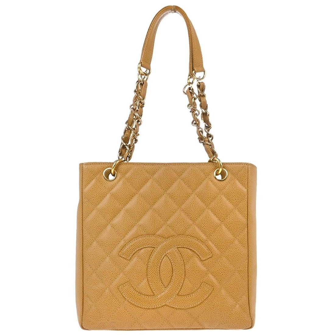 CHANEL PST Beige Caviar Leather Quilted Tote with Chain Strap: CHANEL PST Beige Caviar Leather Quilted Tote with Chain Strap Chanel Petite Shopping Tote PST chain handbag in beige caviar skin leather with a quilted design and magnetic closure. This women's tote f