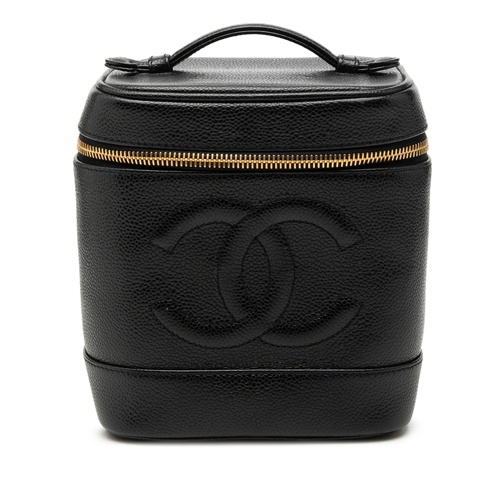 Chanel CC Caviar Vanity Bag Black Leather: Chanel CC Caviar Vanity Bag Black Leather This Chanel CC Caviar Vanity Case showcases a durable caviar leather body in black, complemented by a flat leather top handle and a zip-around closure. The in