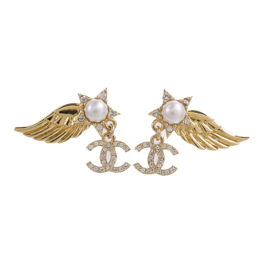 CHANEL ABC656 CC Wing Pierced Earrings Gold Tone Metal: CHANEL ABC656 CC Wing Pierced Earrings Gold Tone Metal CHANEL CC Wing Earrings in gold-tone metal, designed as pierced earrings for women. The item is identified as model ABC656 and comes with a stora