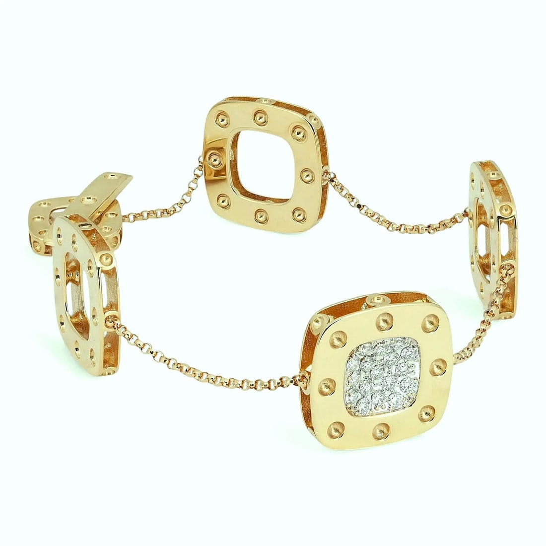 Roberto Coin Pois Moi 18K Gold Diamond Chain Bracelet 7 Inch: Roberto Coin Pois Moi 18K Gold Diamond Chain Bracelet 7 Inch This Roberto Coin Pois Moi diamond bracelet features a contemporary design with five square-shaped charms evenly spaced along a cable chain