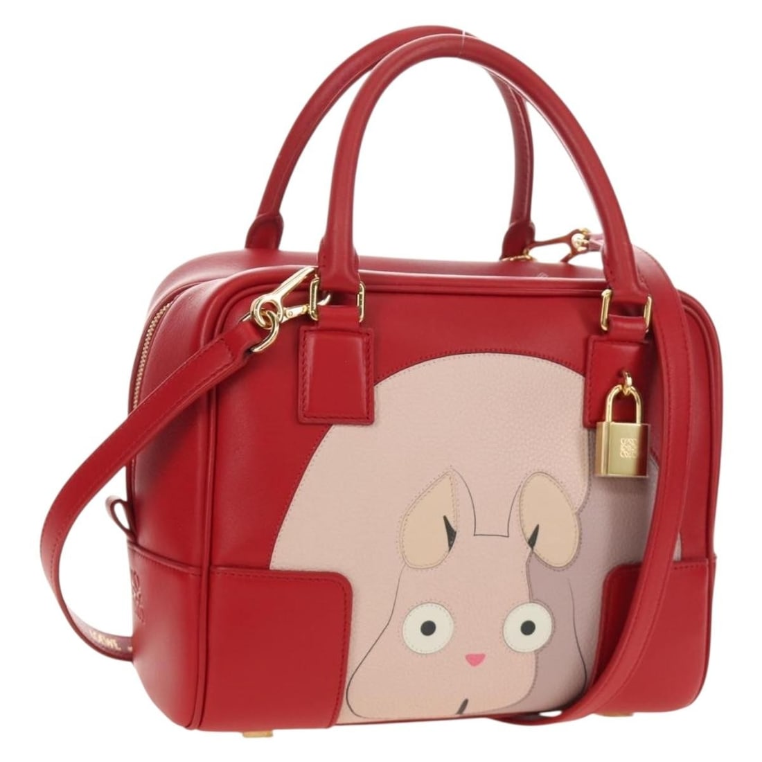 LOEWE Studio Ghibli Amazona 19 Baby Mouse Leather Handbag Red: LOEWE Studio Ghibli Amazona 19 Baby Mouse Leather Handbag Red A red and gold LOEWE Amazona 19 Baby Mouse hand bag made of leather, with a structured silhouette and shoulder strap. Made in Spain, it co
